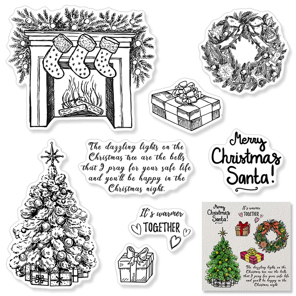 Christmas Fireplace Wreath Tree Clear Stamps for Card Making, Scrapbooking, DIY Crafts - Transparent Silicone Seal Stamps with Holiday Words for Embossing, Album Decorations - Perfect for Holiday Greeting Cards, Gift Tags & Home Decor