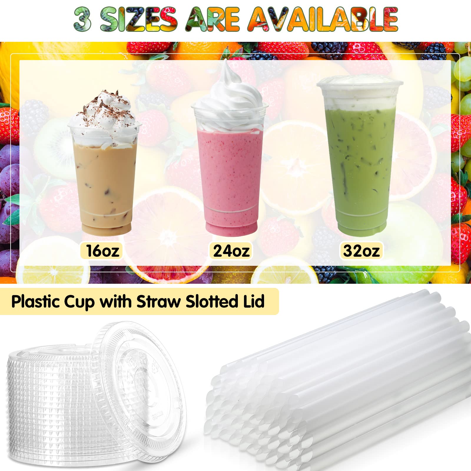 300 Pcs 32 oz Clear Plastic Cups with Lids & Straws - Disposable Coffee Cups with Flat Lids & Straw Slot - Perfect for Iced Cold Drinks, Bubble Tea, Smoothies, and Party Beverages