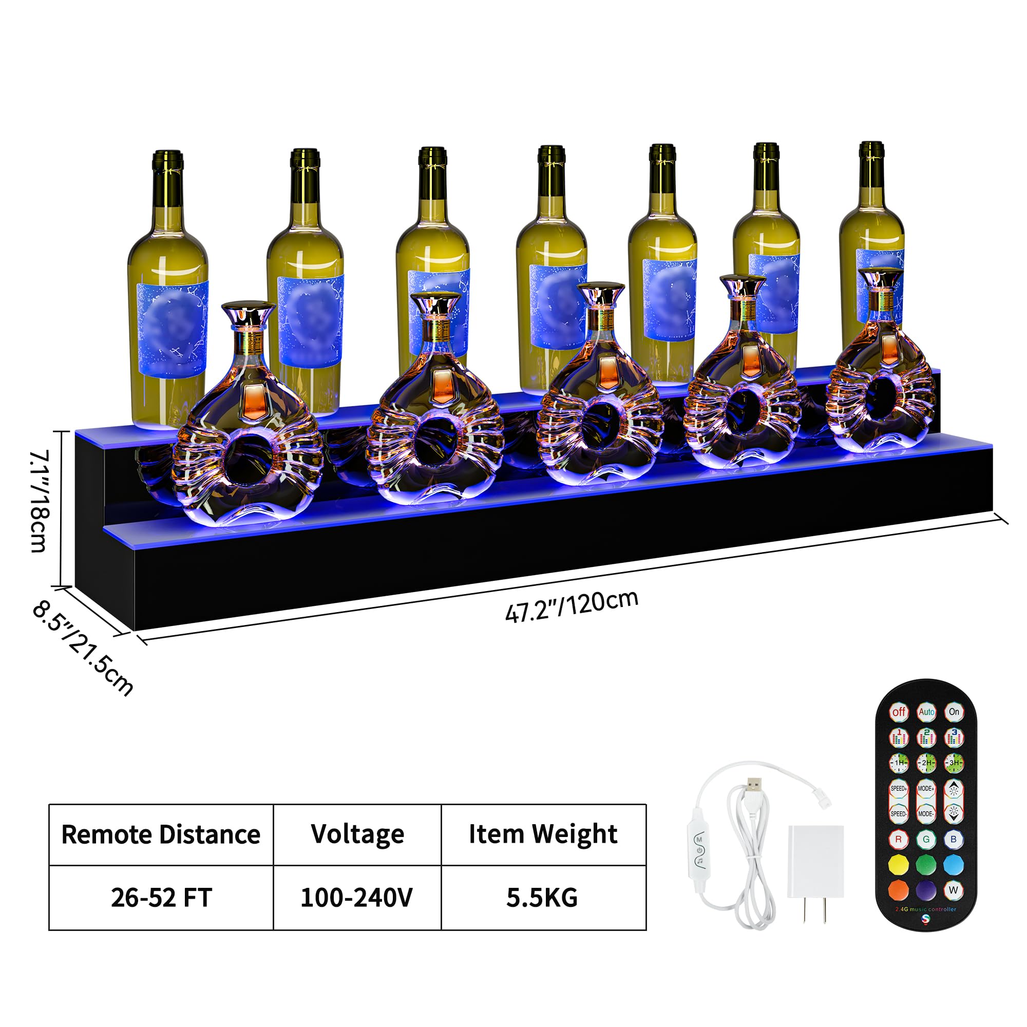 YITAHOME 48-Inch 2-Tier LED Lighted Liquor Bottle Display Shelf - Acrylic Whiskey Rack Stand with Remote & App Control, USB & Power Bank Compatible - Perfect for Home Bar, Party Decor, and Whiskey Collection Display