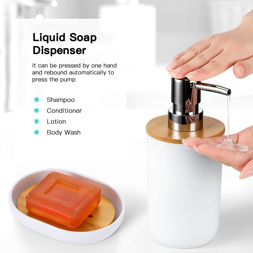 Otostar 6-Piece Bamboo Bathroom Accessory Set - Plastic Toothbrush Holder, Soap Dispenser, Q-Tip Holder, Tumbler, Soap Dish & Toilet Brush Holder - Modern Bathroom Organization for Home, Apartment, Hotel (White)