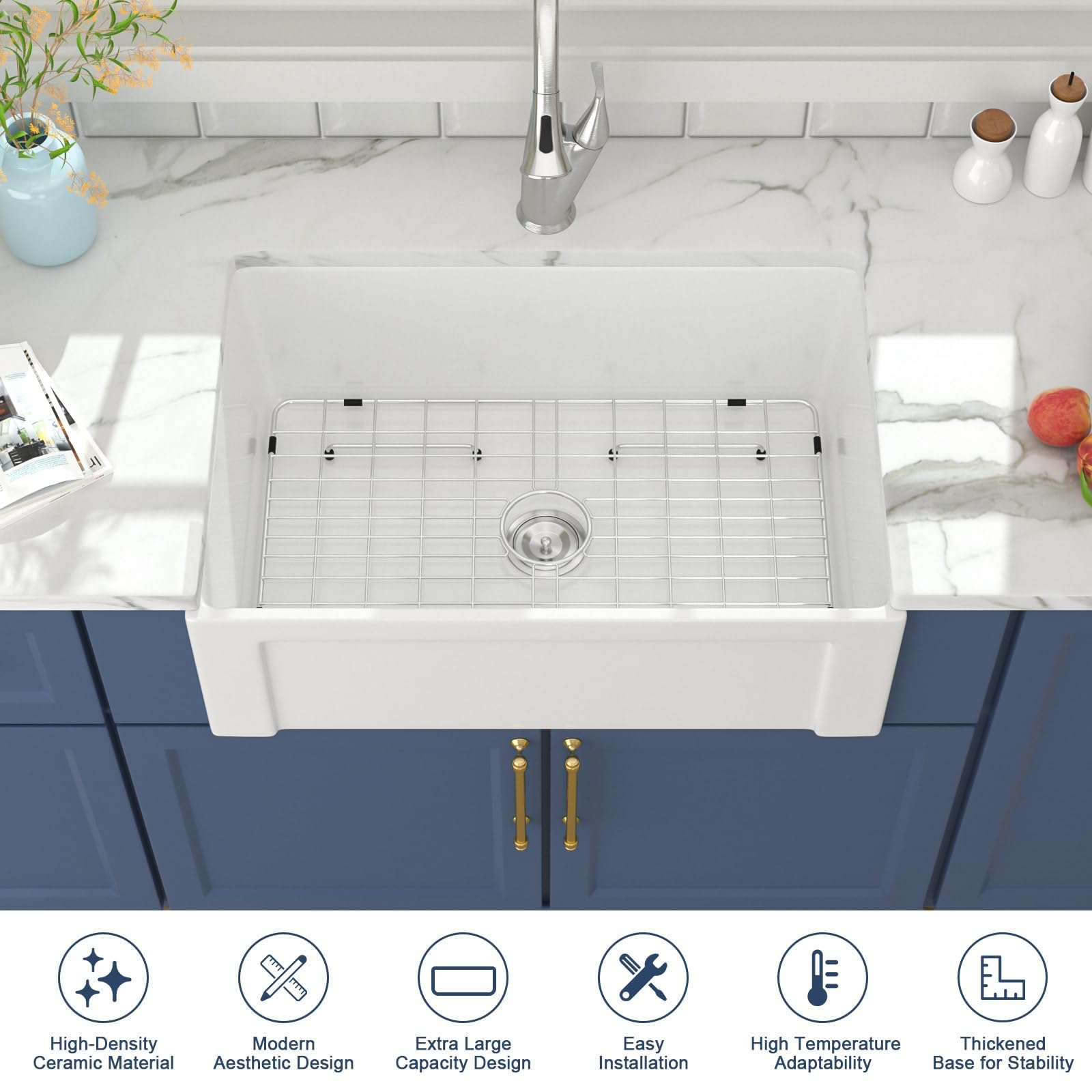 Lordear 30-inch White Farmhouse Kitchen Sink - Fireclay Ceramic Apron-Front Single Bowl Reversible Design for Modern Farmhouse & Rustic Kitchens | Perfect for Cooking, Baking & Entertaining