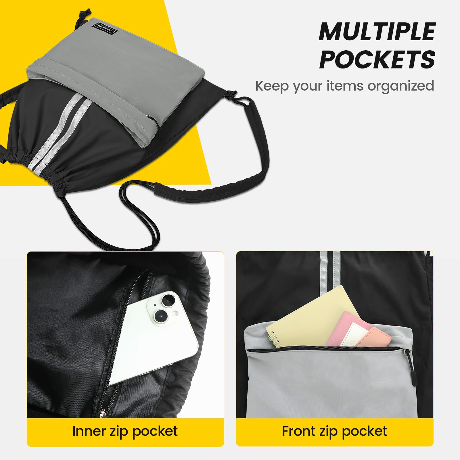 Vorspack Lightweight Drawstring Backpack with Front Pocket & Reflective Strips - Gym Sports Hiking Travel Sackpack for Men Women - Perfect for Workouts, School, Outdoor Adventures (Black)