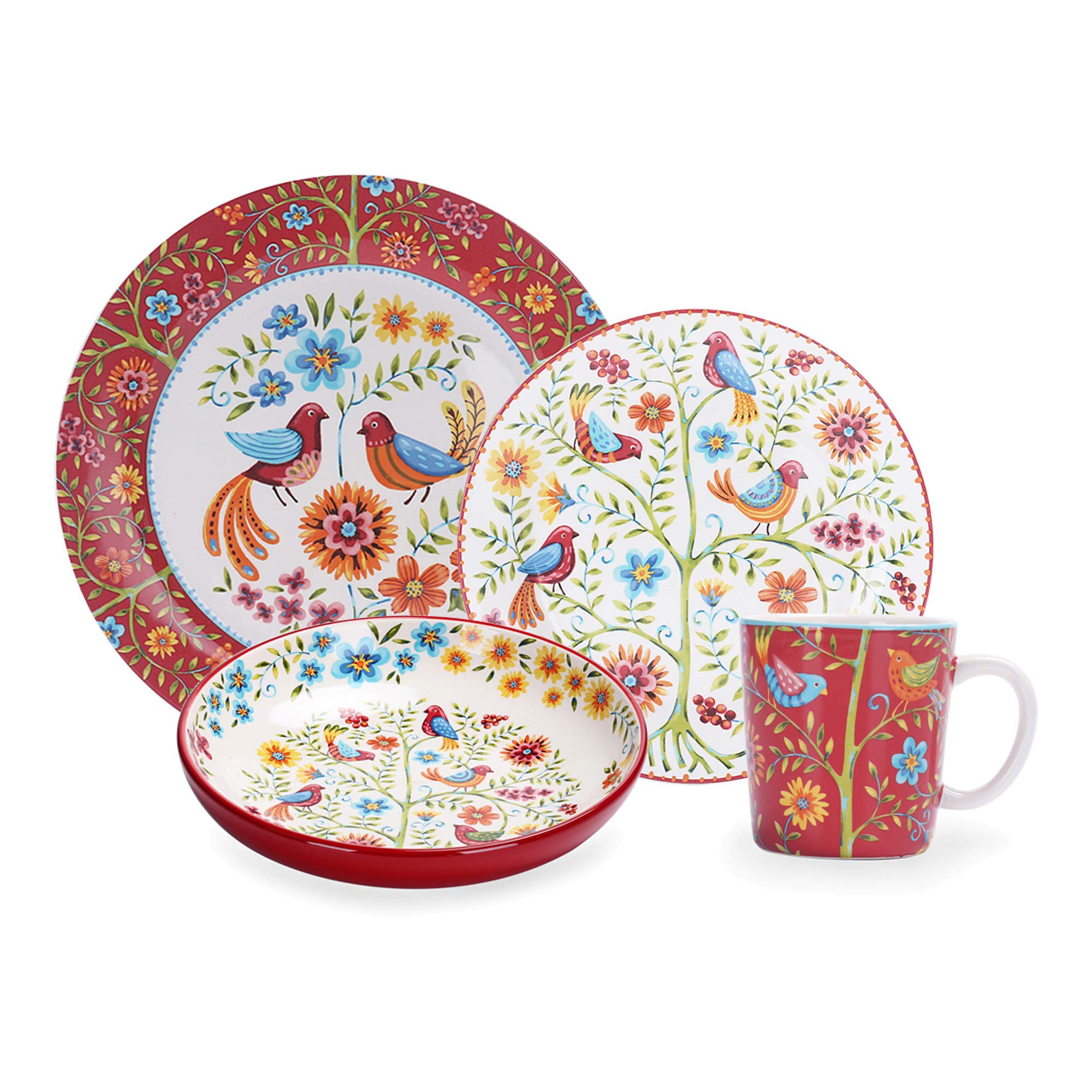 Bico Red Spring Bird Ceramic 16-Piece Dinnerware Set - Service for 4 with 11-Inch Dinner Plates, 8.75-Inch Salad Plates, 35-Oz Bowls & Mugs | Microwave & Dishwasher Safe | Perfect for Parties, Family Dinners & Everyday Use