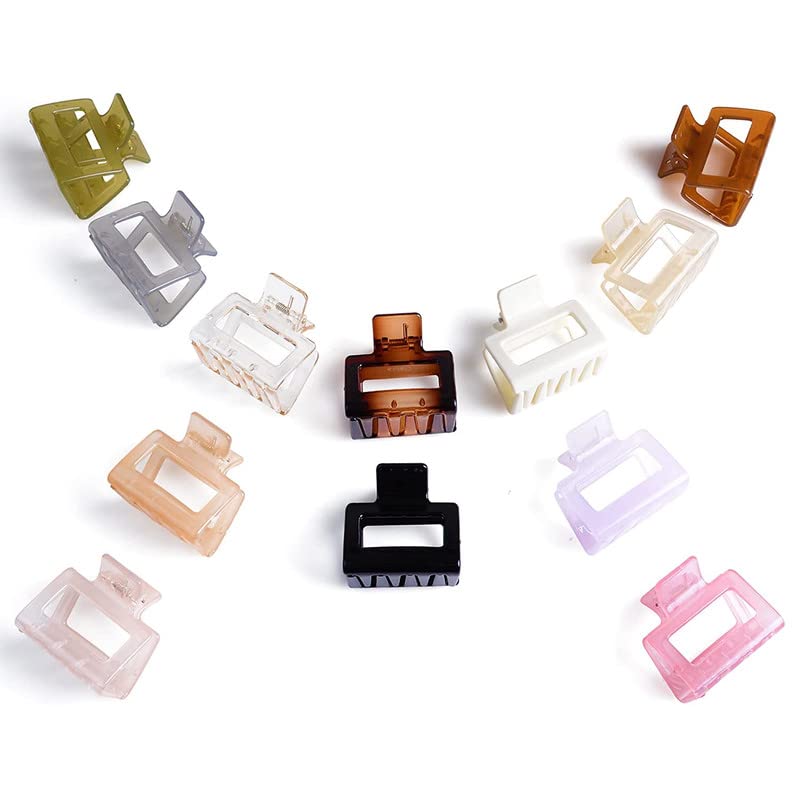 FAMEZA 12PCS Small Hair Claw Clips for Women - Medium Square & Rectangle Jaw Clips with Strong Hold - Clear & Matte Hair Clips for Thin & Thick Hair (12 Colors) - Perfect for Work, Gym, Travel & Everyday Hairstyles