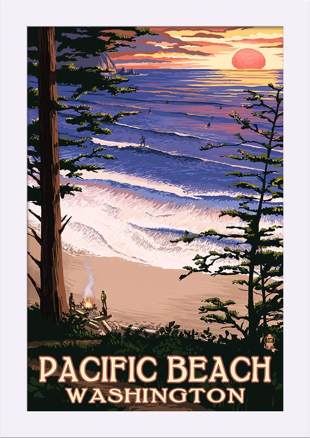 Pacific Beach Washington Sunset Surfers Art Print - 12x18 Giclee Fine Art on Recycled Wood Frame in White - Perfect for Coastal Home Decor & Beach House Wall Art
