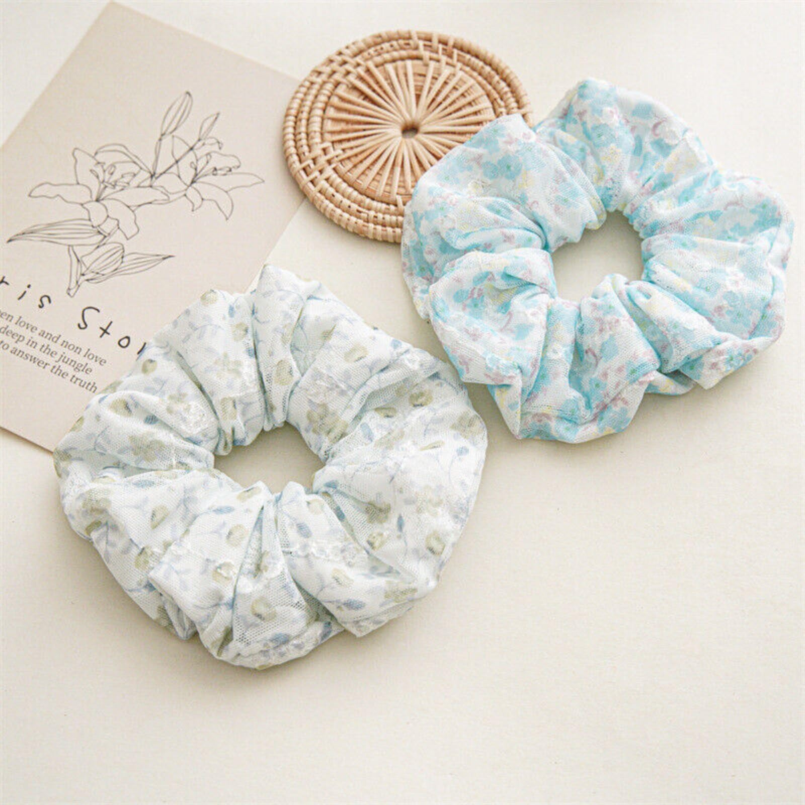 Floral Print Scrunchies for Women - Soft Elastic Hair Bands, Ponytail Holders & Hair Accessories - Green Bow Hair Ribbon for Long Hair - Perfect for Workouts, Office & Casual Wear