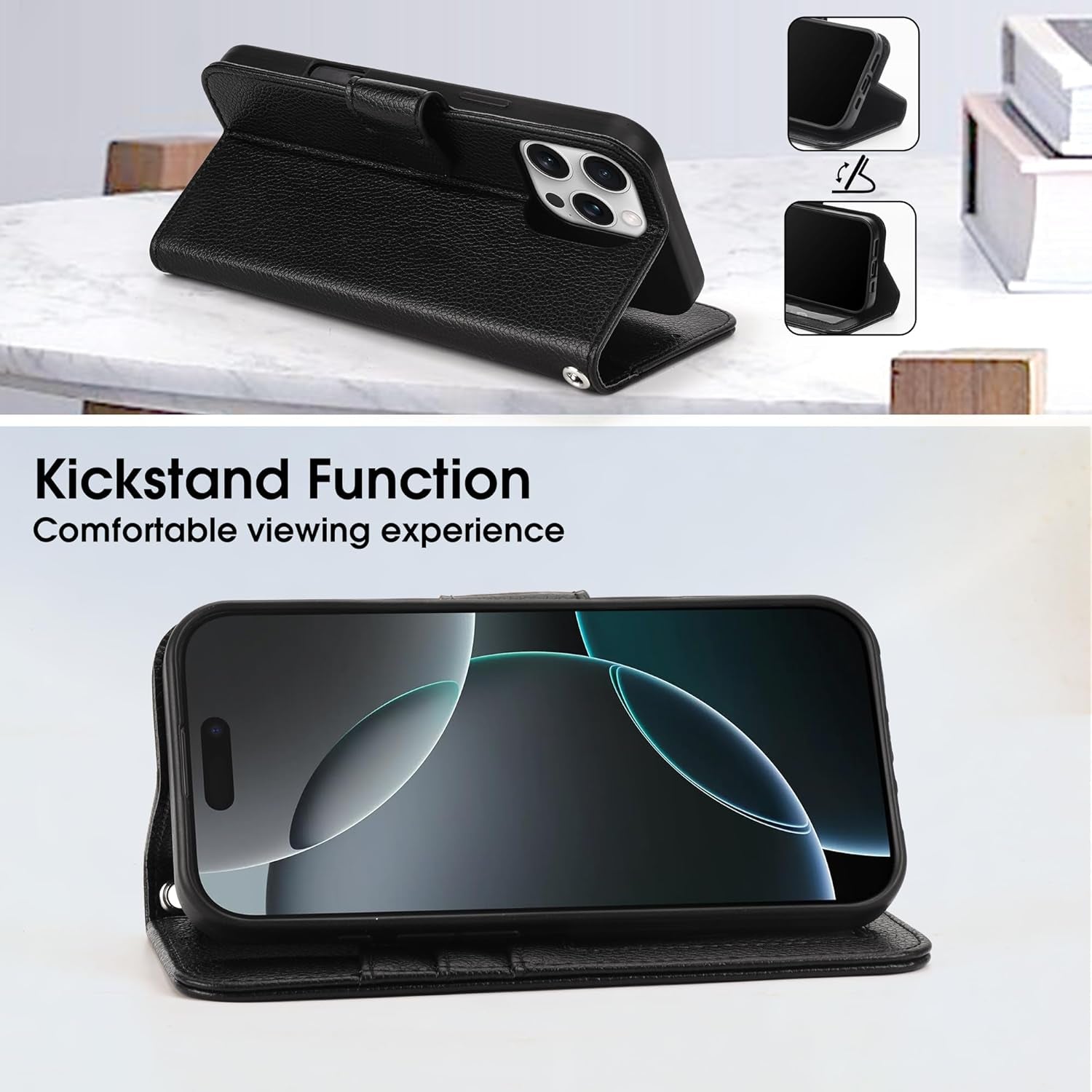 iPhone 16 Pro Wallet Case with RFID Protection - Slim Leather Phone Cover with Wrist Strap & 3 Card Slots | Perfect for Travel, Shopping & Everyday Use
