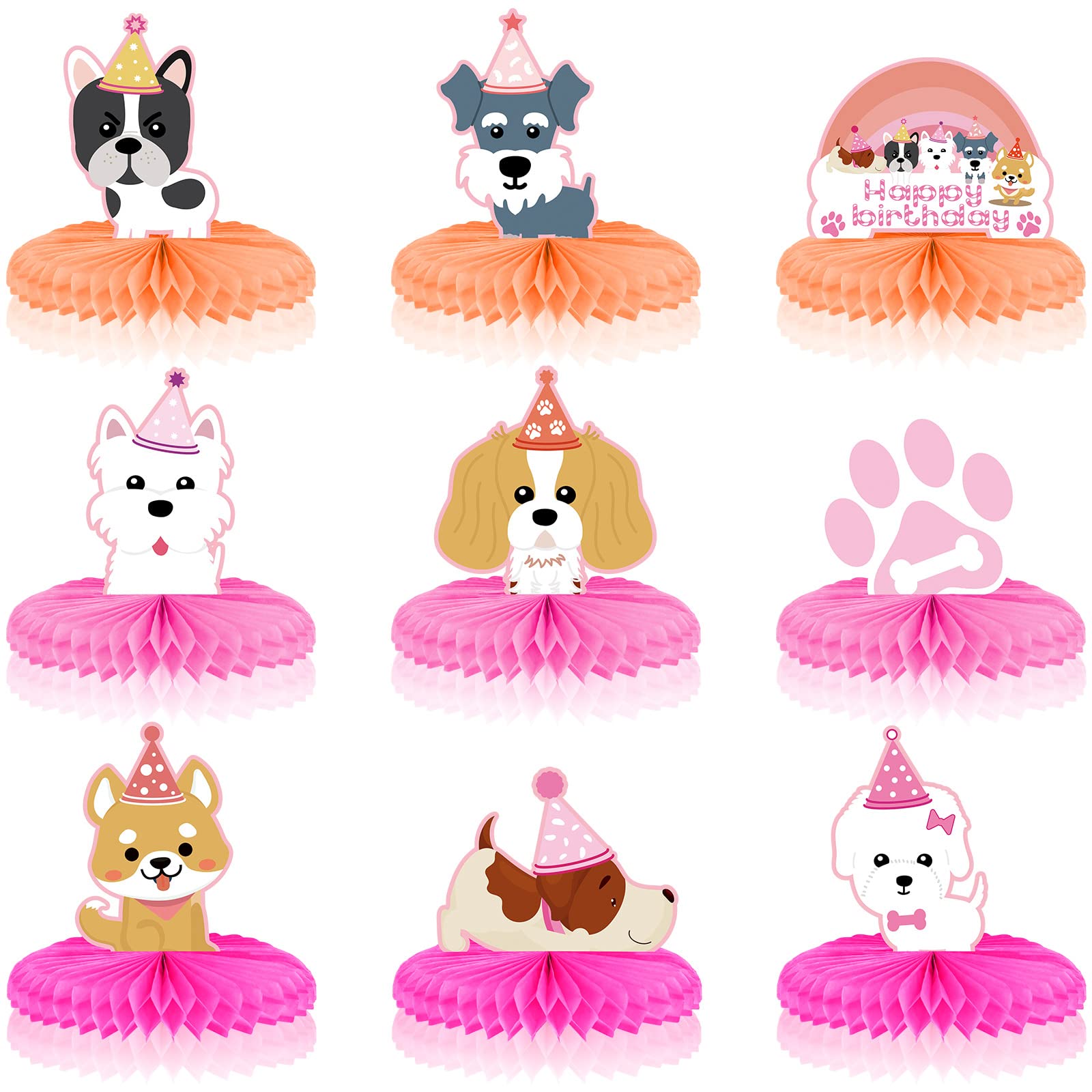 9 Pcs Pink Honeycomb Dog Themed Party Decorations - Puppy Birthday Party Supplies, Dog Party Favors & Centerpieces for Puppy Shower, Dog Birthday Party Decorations
