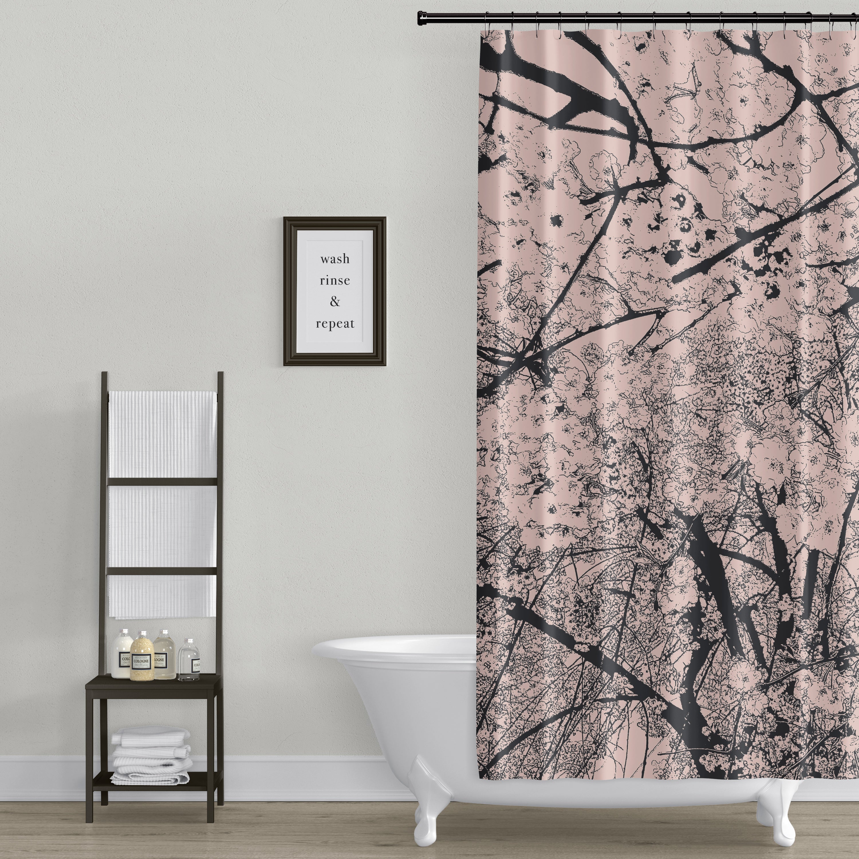 Cherry Blossom Woodblock Art Print Shower Curtain - Soft Pink & Black Japanese Floral Bathroom Decor for Spa-Like Retreat