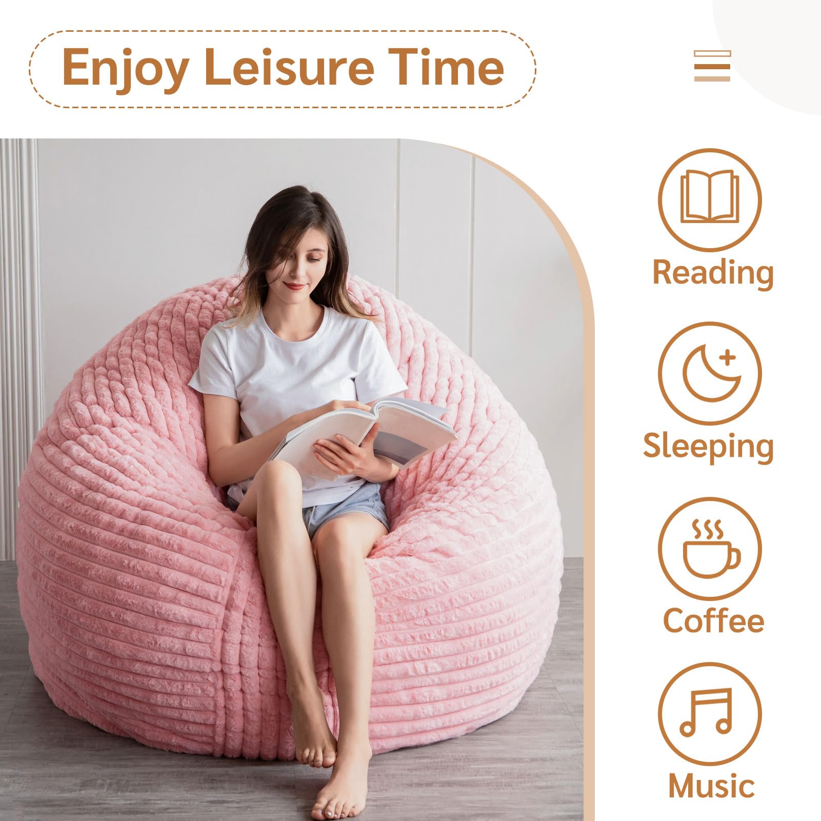 MAXYOYO Giant Round Bean Bag Chair for Adults - Soft Striped Faux Fur Oversized Lounger in Pink | Perfect for Living Room, Bedroom, Game Room & Dorm Relaxation