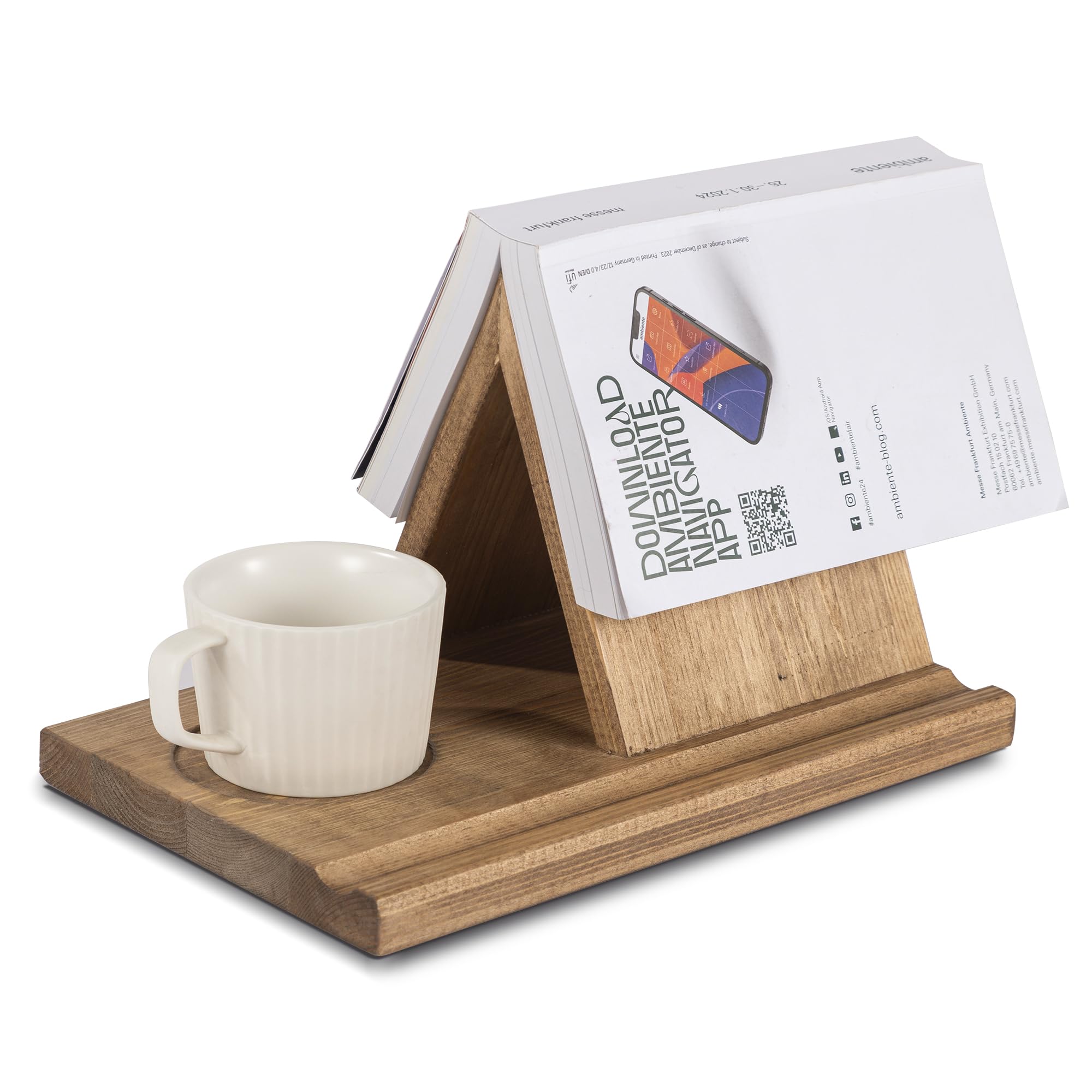 Besuerte Wooden Book Rest Stand with Coffee Cup Tray - No Assembly Needed Book Holder for Reading in Bed, Office & Living Room - Perfect Gift for Book Lovers (Light Brown)