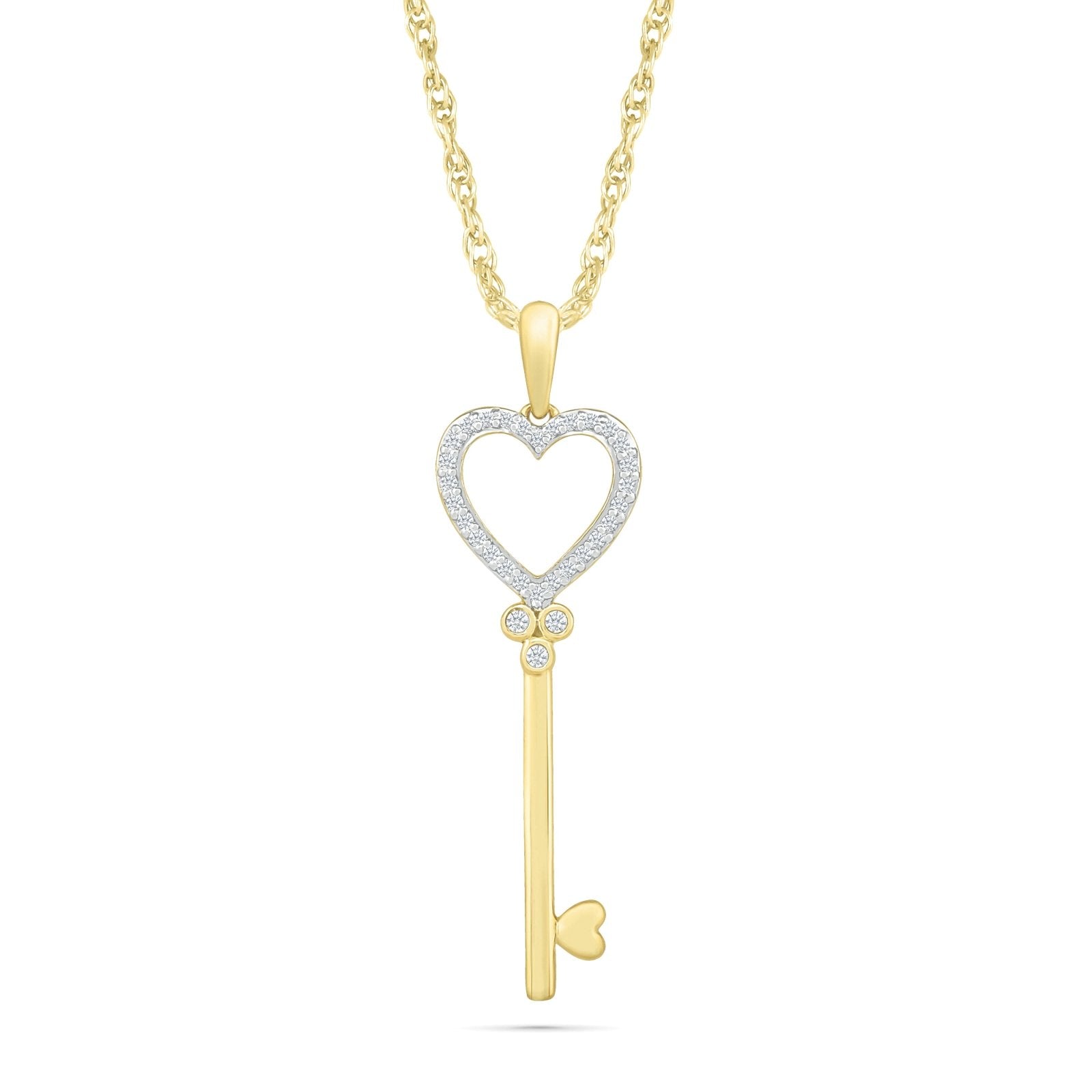 10k Yellow Gold Heart & Key Diamond Pendant Necklace - Romantic Gift for Her, Anniversary, Valentine's Day Jewelry