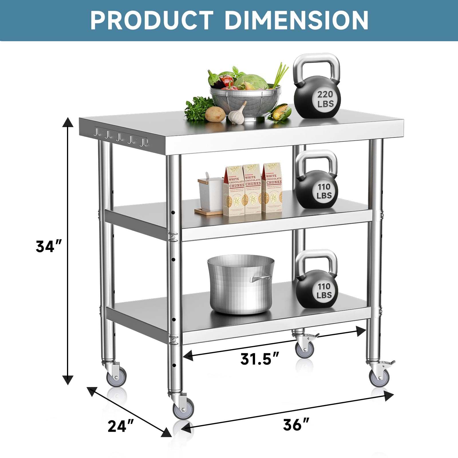 Stainless Steel Work Table 36x24 Inches with Caster Wheels & 2 Undershelves - Heavy Duty Metal Utility Table for Commercial Kitchen, Restaurant, Garage, Laundry Room | Perfect for Food Prep, Workshop Projects & Outdoor Use (36