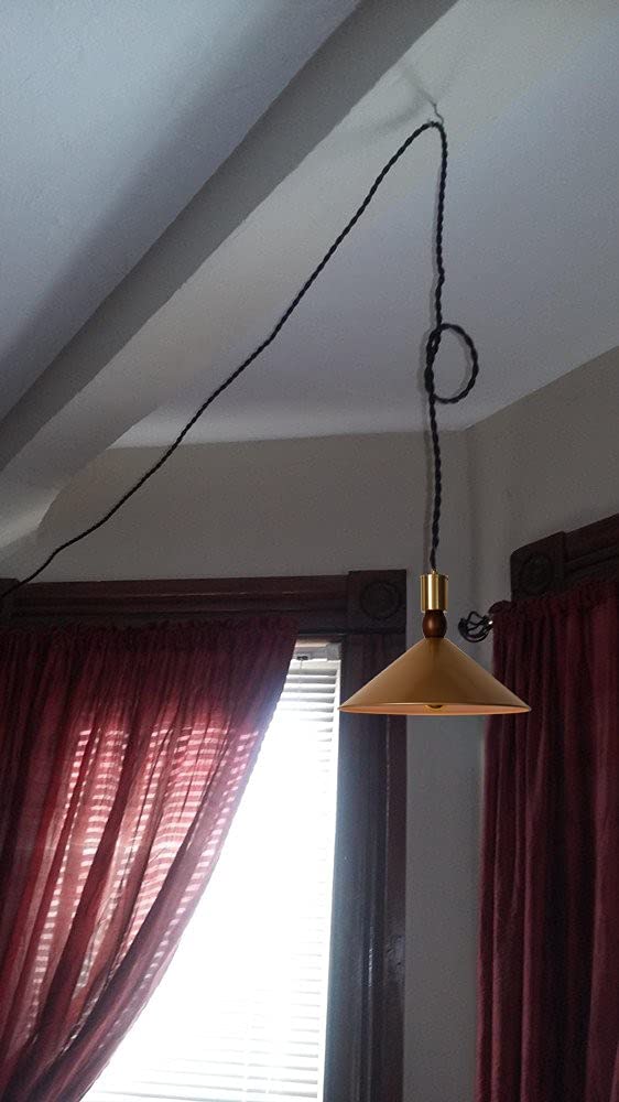 15 Ft Black Twisted Cord E26 Base Gold Metal Pendant Light Fixture with Dimmer Switch - Industrial Design Plug-in Hanging Light for Bay Window, Restaurant, Laundry Room & Farmhouse Decor (Bulb Not Included) - Perfect for Ambient Lighting in Dining Areas, Kitchens and Commercial Spaces