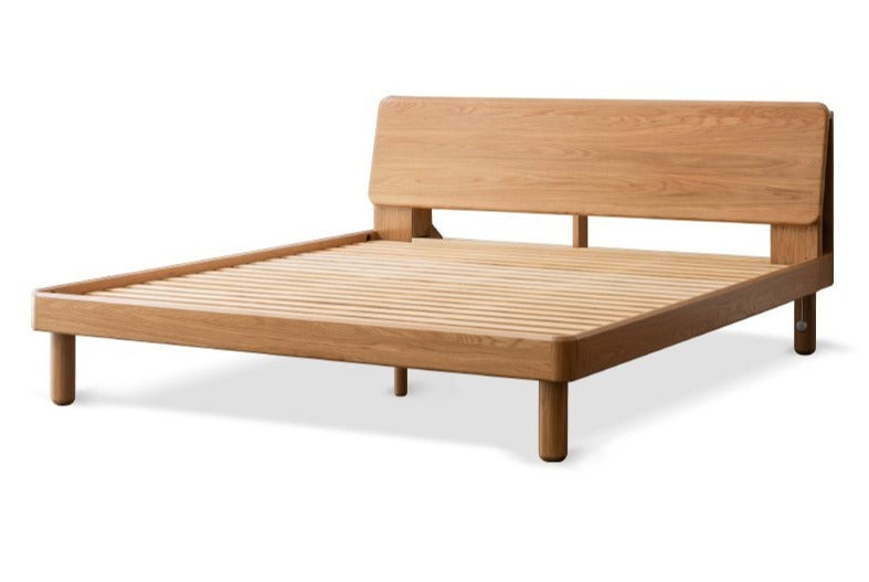 Solid Oak Wood Platform Bed with Bookshelf Headboard - Modern Bedroom Furniture for Small Spaces & Cozy Reading Nook