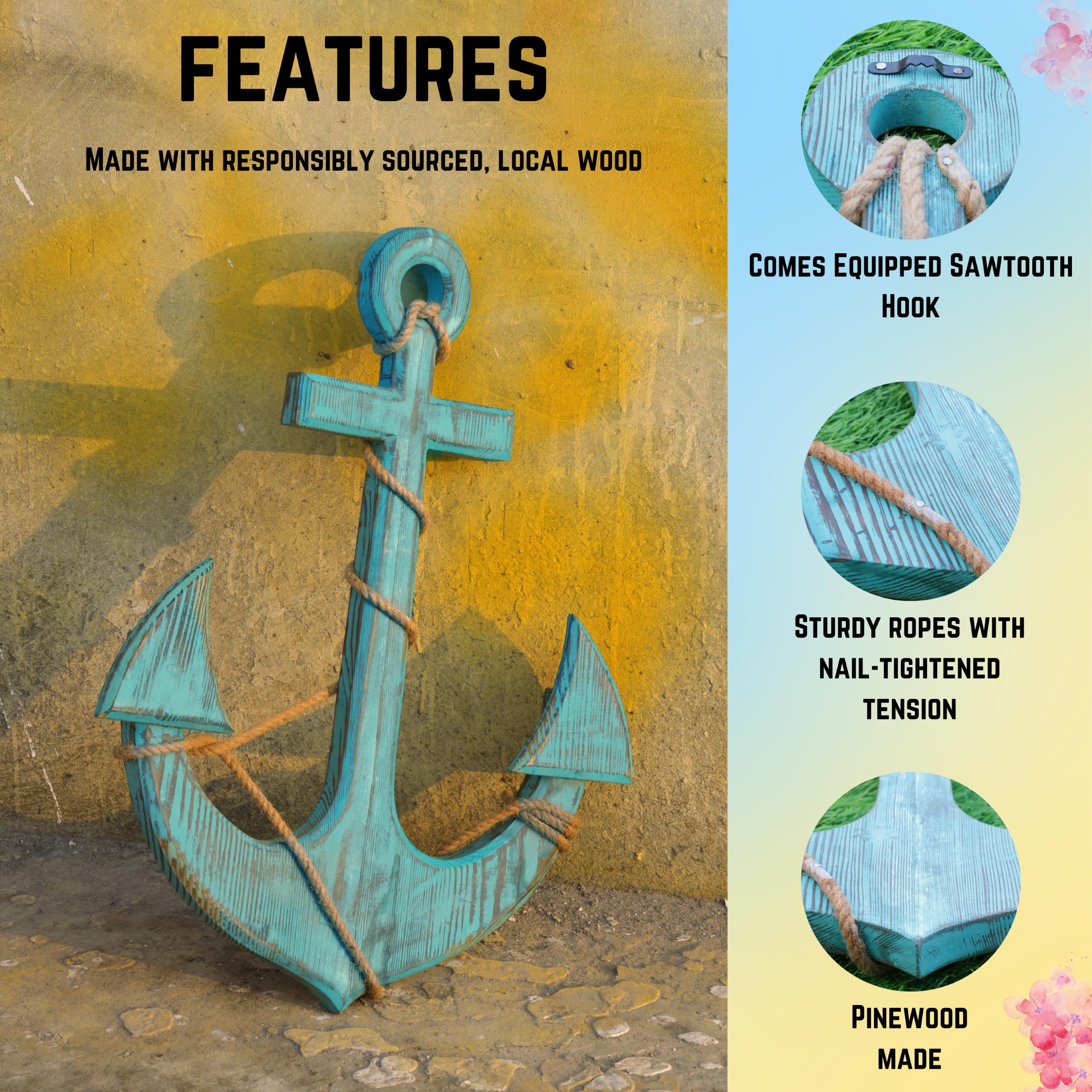 Nagina International Forest Frog Blue Decorative Anchor with Ropes - 18 Inch Nautical Wall Hanging for Home, Office & Boat Decor | Perfect Gift for Beach House & Coastal Theme Rooms