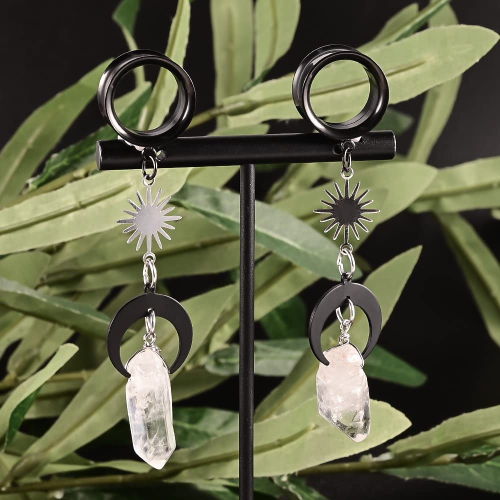 2PCS Moon Pendant Natural Stone Stainless Steel Dangle Ear Plugs Tunnels Stretcher Piercing Body Jewelry for Women Men - Boho Chic Style for Parties, Concerts & Everyday Wear