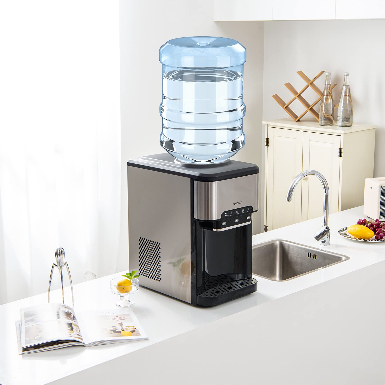COSTWAY 3-in-1 Countertop Water Dispenser with Ice Maker, Hot & Cold Water Cooler, Safety Lock, 3-5 Gallon Capacity, 48Lbs/24H Ice Production, 12 Ice Cubes, 4Lbs Storage Basket - Perfect for Home, Office, and Kitchen Use
