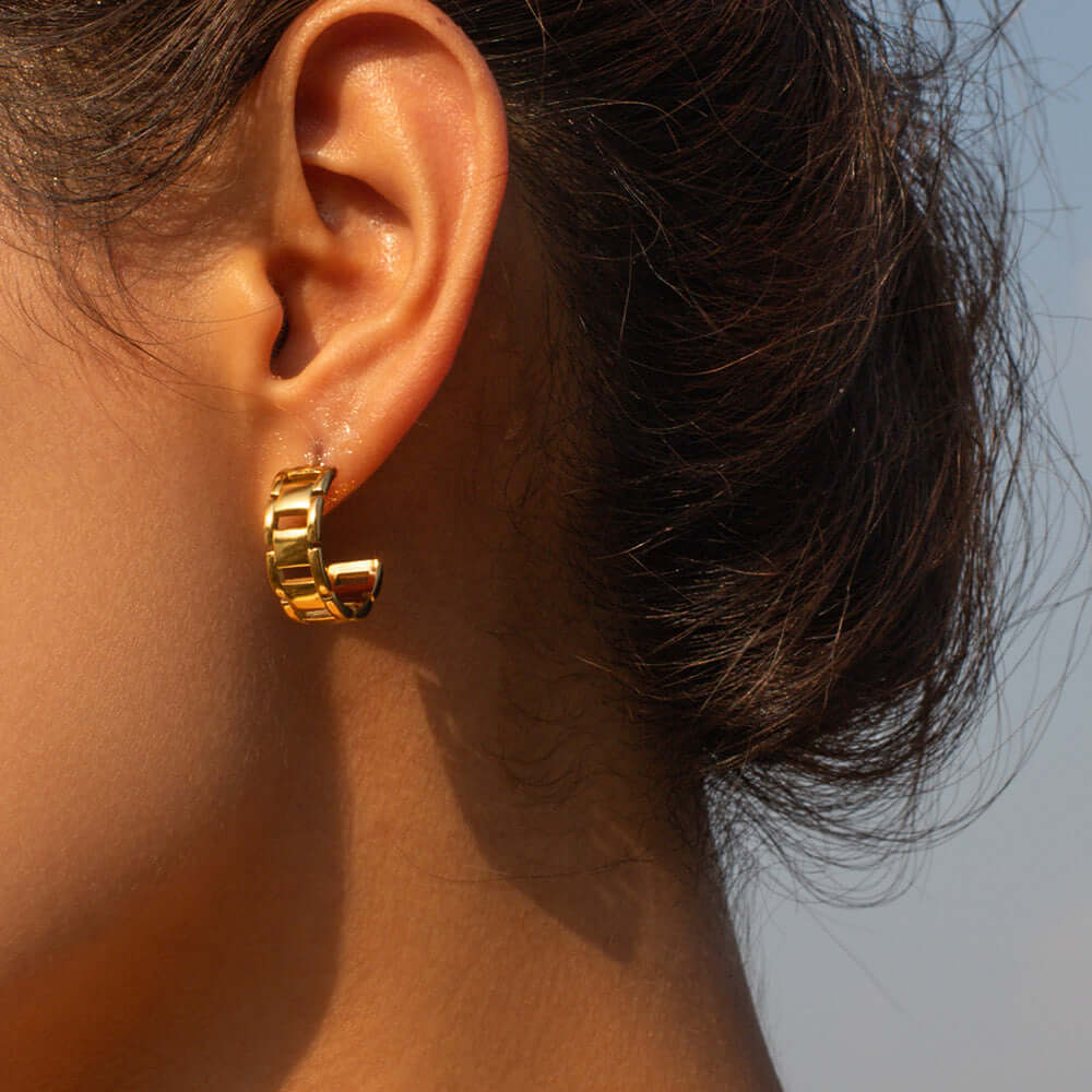 18K Gold Plated C Hoop Earrings for Women - Classic Elegant Watchband Design Jewelry Gift | Perfect for Everyday Wear, Office, Parties & Special Occasions