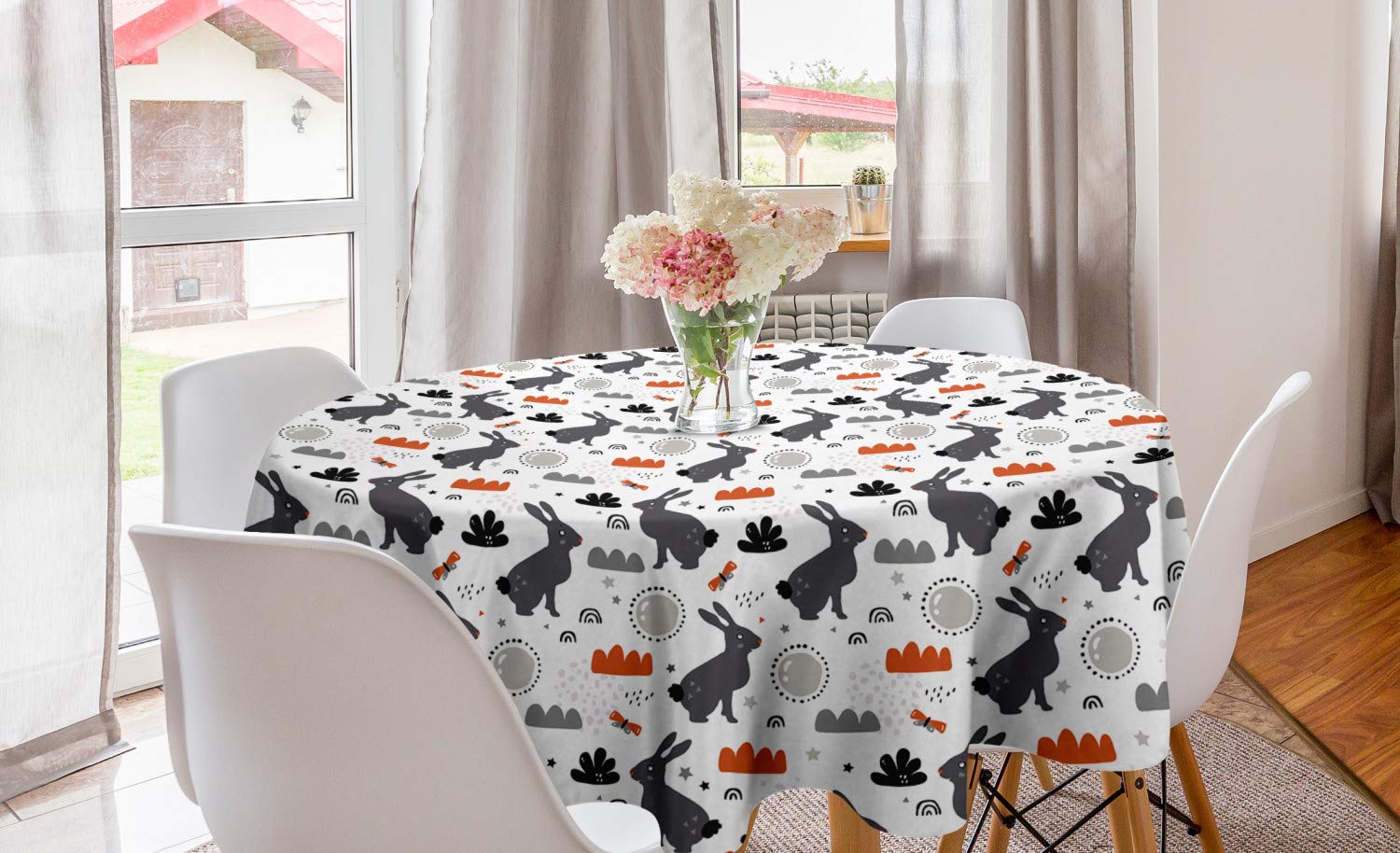 Ambesonne Cartoon Round Tablecloth - Funny Bunny in Forest Doodle with Butterflies & Clouds, 60 Inch Circle Table Cover for Dining Room & Kitchen Decor in Burnt Orange Grey White - Perfect for Easter, Spring Parties & Cozy Family Dinners