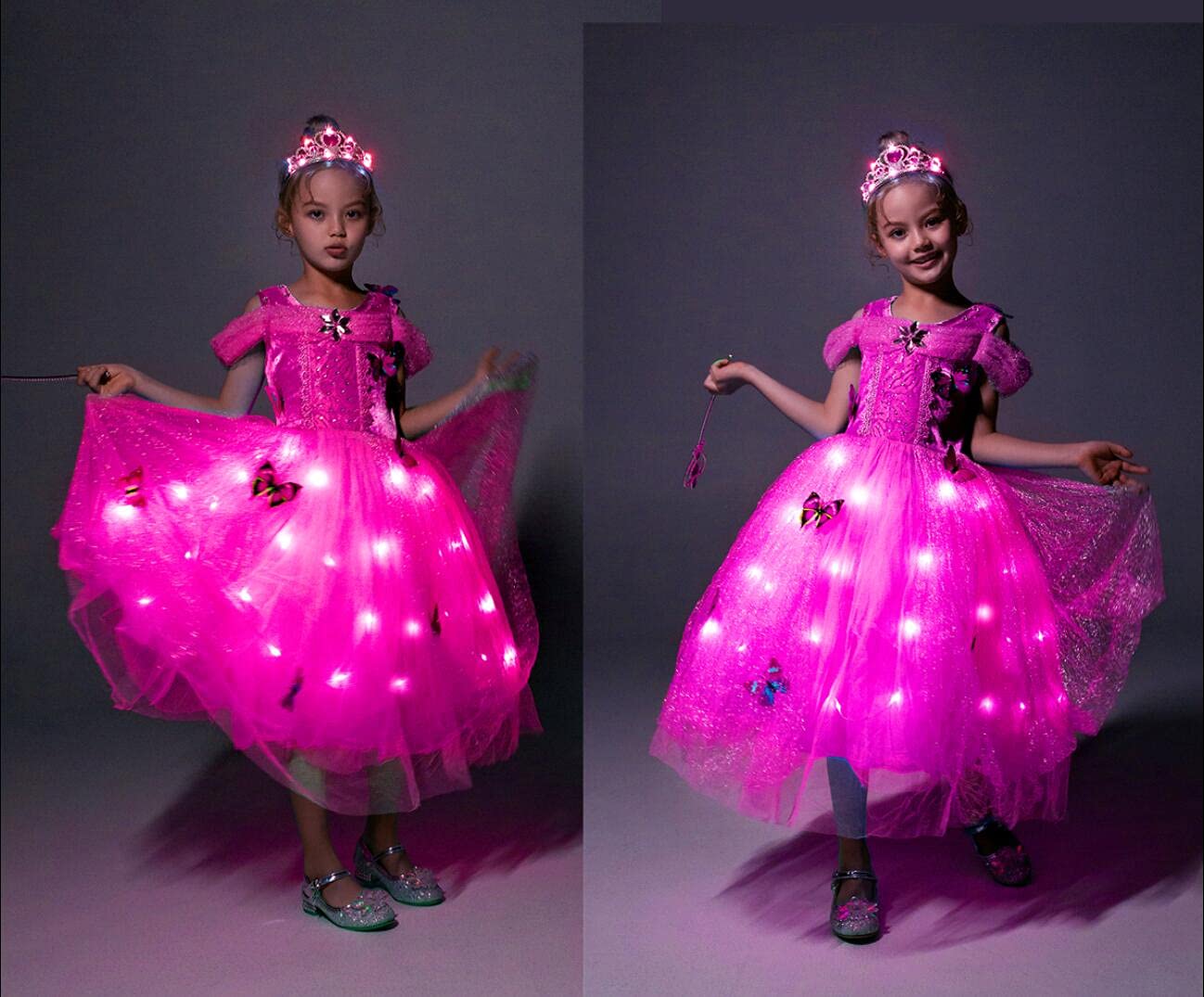 LED Light Up Princess Costume Dress for Girls - Red Butterfly Pink (Rose Red) Fancy Party Dress for Cosplay, Halloween, Birthday & Dress Up Play