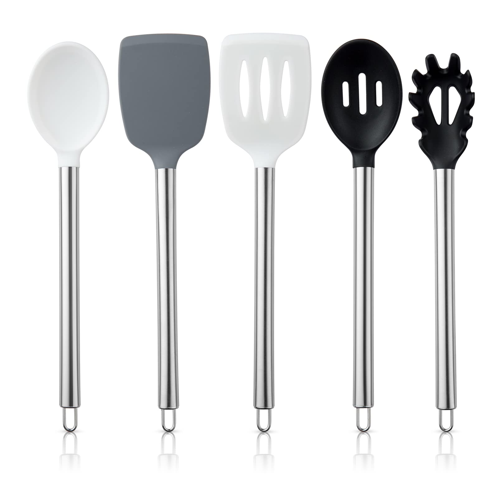 Premium 5-Piece Silicone Cooking Utensil Set - Heat-Resistant & Non-Scratch Kitchen Tools for Nonstick Cookware (Black/White) | Essential Kitchen Gadgets for Baking, Stirring & Serving | Dishwasher Safe & Easy to Clean