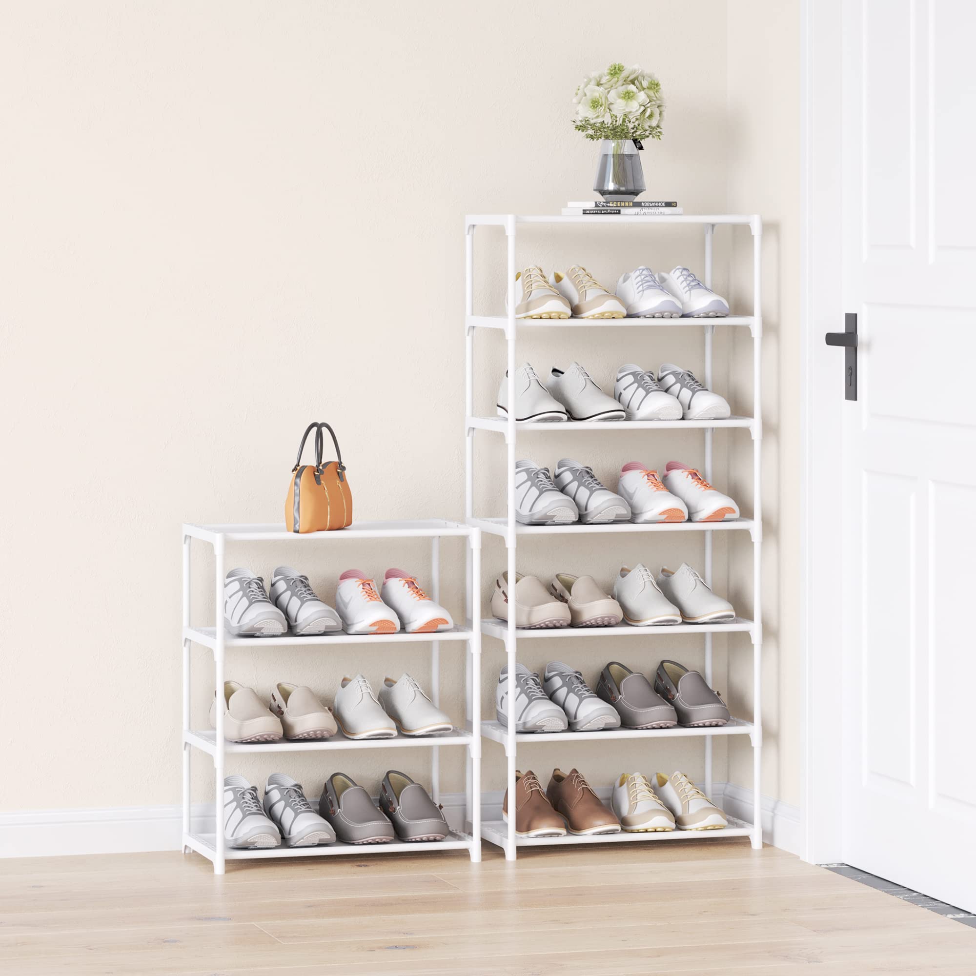 4-Tier Stackable Shoe Rack Organizer - Space Saving Shoe Storage Shelf for Entryway, Hallway, Closet, Bathroom & Living Room - Perfect for Small Spaces & Apartment Organization (White)