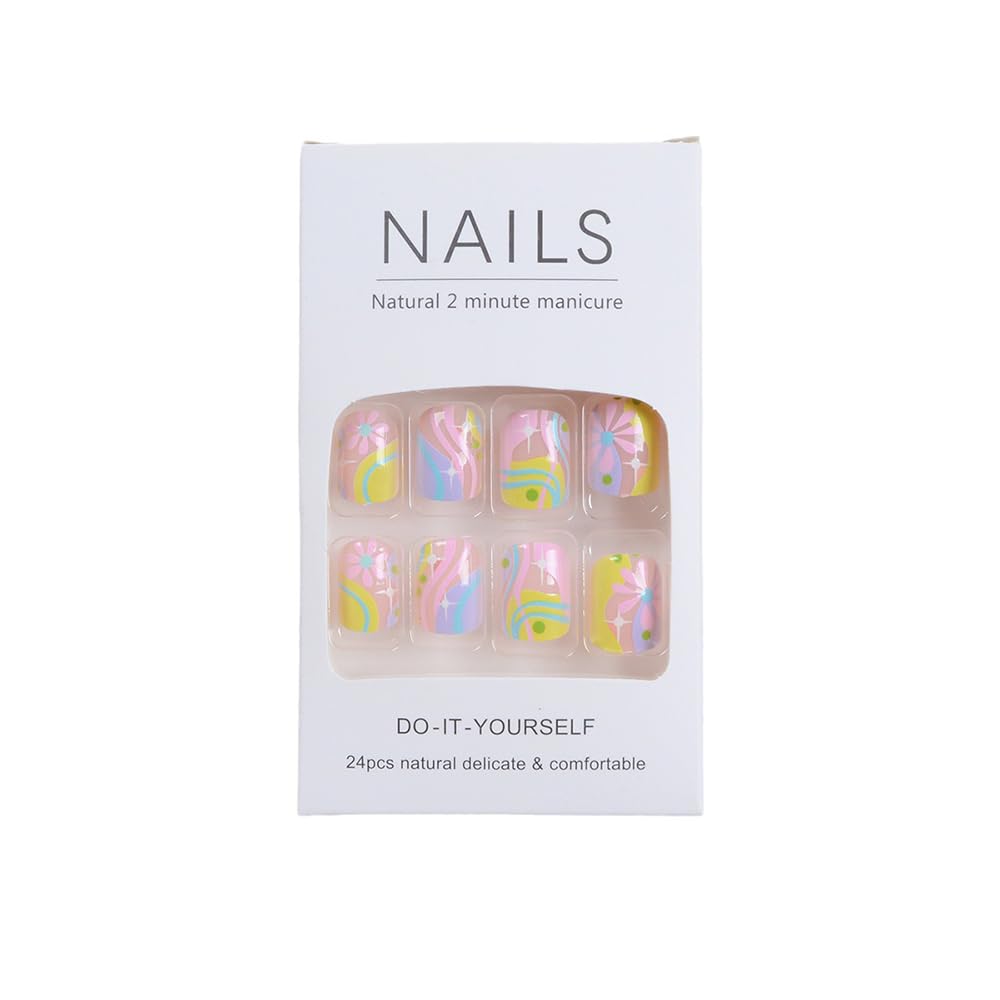 24-Piece Short Square Press-On Nails Set - Glossy Acrylic Full Cover Fake Nails with Rainbow Glitter | DIY Manicure for Women | Perfect for Parties, Weddings & Everyday Wear