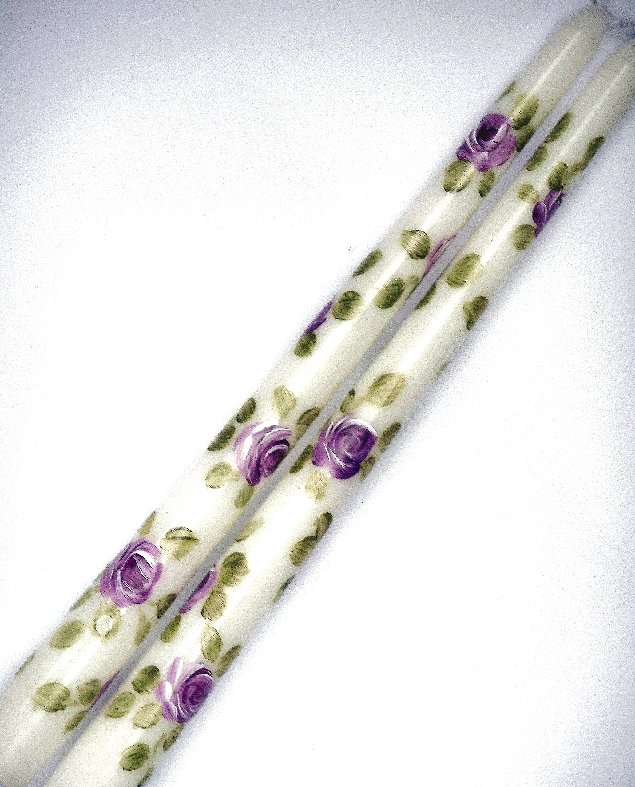 Hand-Painted Lavender Rose Taper Candles - 12 Inch Dripless Decorative Candles for Romantic Dinner, Wedding Centerpiece & Spring Home Decor