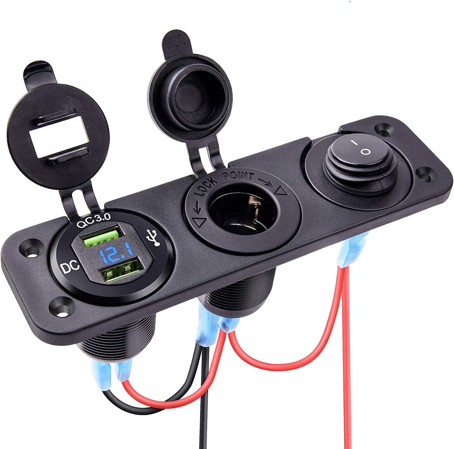 12V Car Charger Panel with QC3.0 USB & Voltmeter - for Car Boat Motorcycle