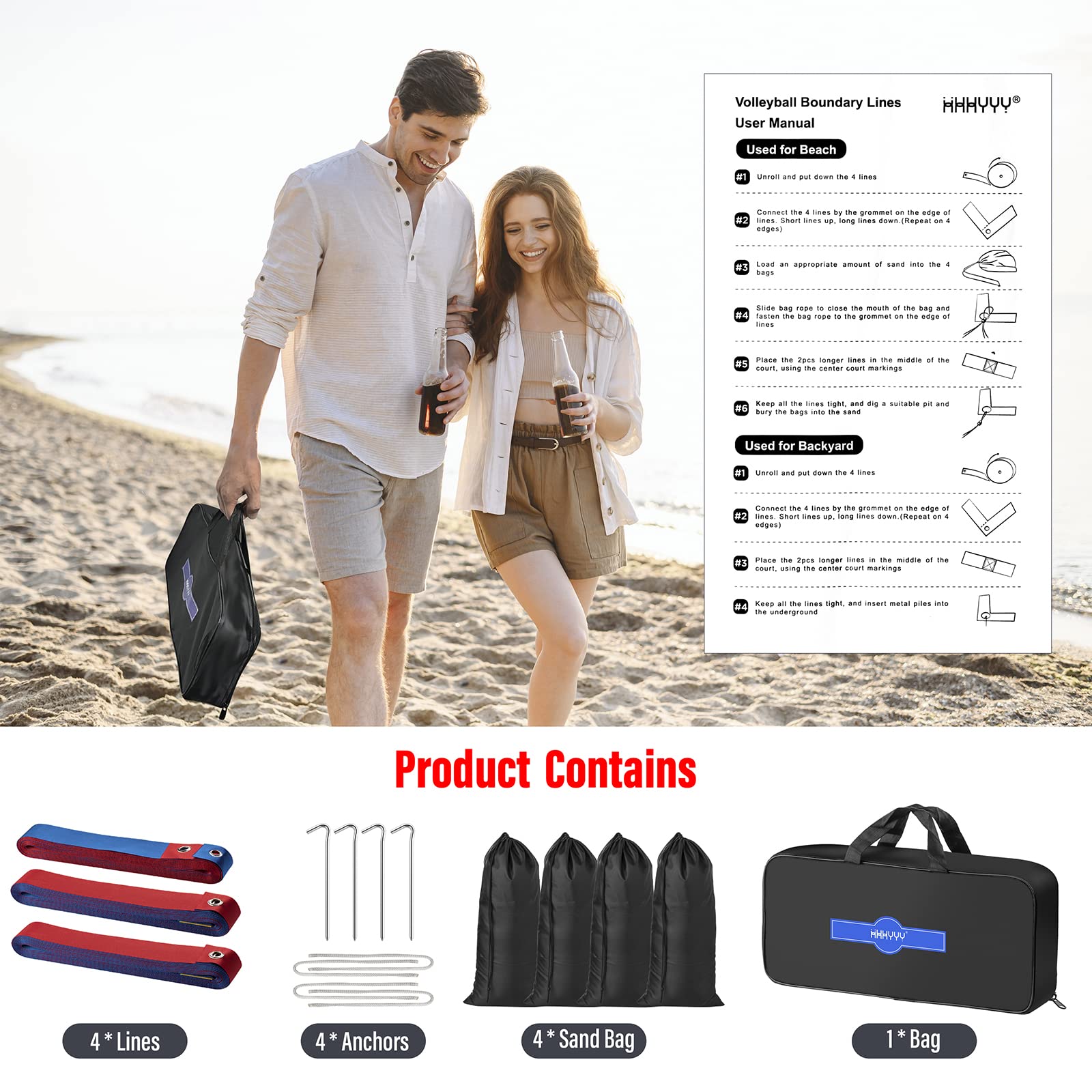 Premium Beach Volleyball Boundary Lines 26.3' x 52.6' & 30' x 60' - 2 Inch Wide High Visibility Sand Court Markers with Metal Anchors & Sand Bags | Enhanced Weather Resistance for Outdoor Sports, Backyard Games & Beach Tournaments