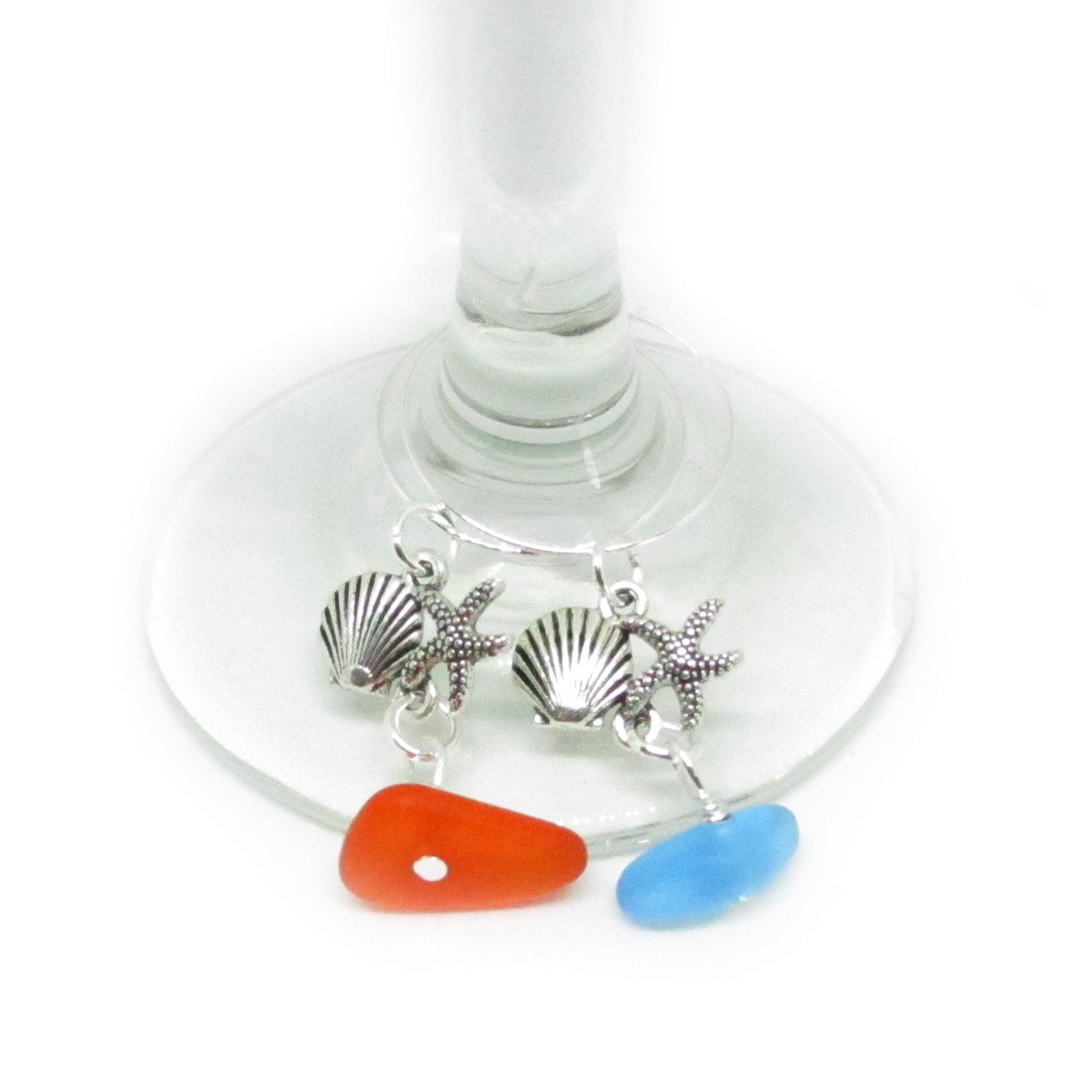 Sea Glass Wine Glass Charms Set of 6 - Starfish & Seashell Cocktail Charms for Beach Party Favors - Unique Gifts for Women - Valentine's Day, Bridal Shower & Summer Wedding Decor - Perfect for Beach Themed Parties, Girls Night Out & Coastal Home Decor