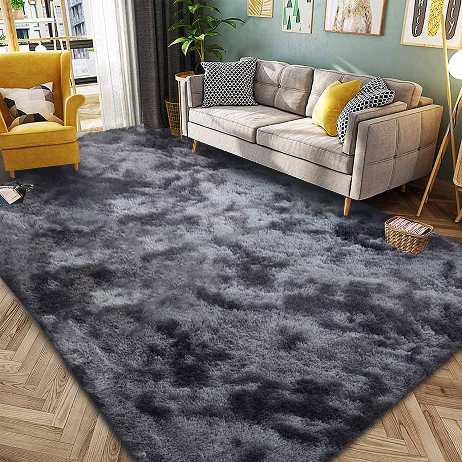 Kinganda Soft Shag Area Rugs - Non-Slip Fluffy Large Rug for Bedroom, Living Room, Nursery & Kids Room - Washable Shaggy Carpet (Black Grey, 6.5'×9.8'/200×300cm) - Perfect for Cozy Home Decor & Play Areas