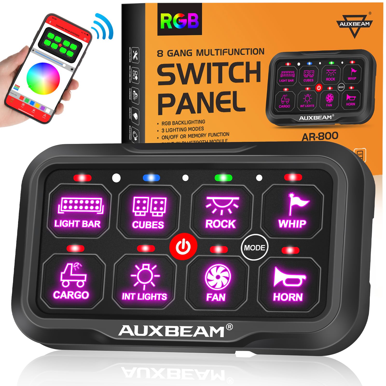 Auxbeam AR-800 8 Gang RGB Bluetooth Switch Panel - 12-24V Waterproof LED Backlit Toggle & Momentary Switches for Trucks, SUVs, ATVs, Marine & RVs | Off-Roading, Camping & Vehicle Customization | 2-Year Warranty