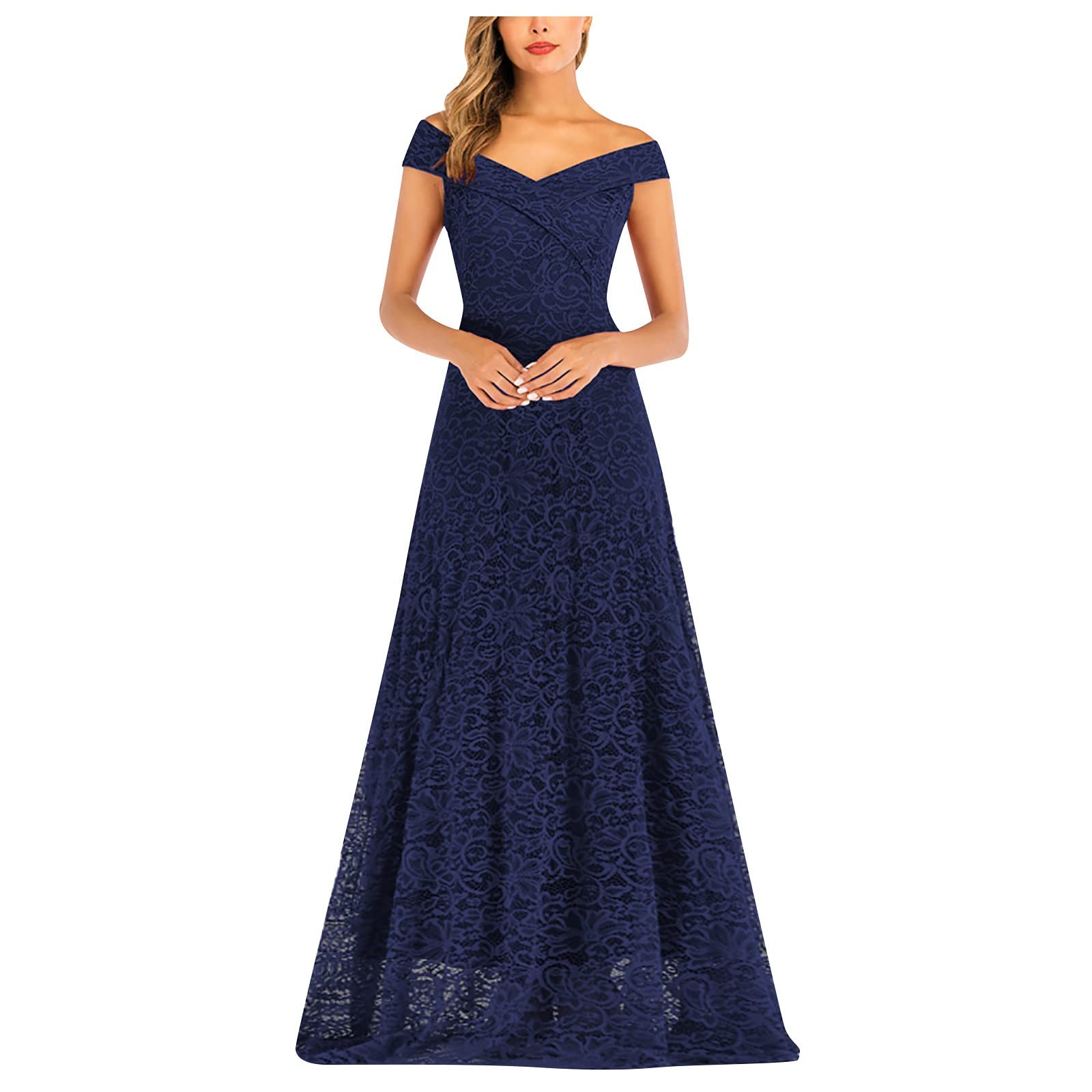Sequin Wedding Short Sleeve Evening Dress for Women - Solid Summer Off Shoulder Cocktail Dress with Comfortable Lace Design Below The Knee | Perfect for Bridal Showers, Prom Nights & Formal Events