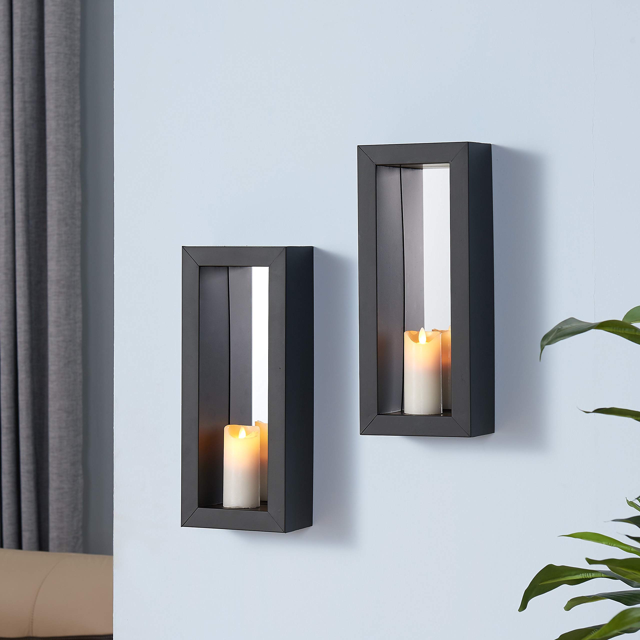 Black Rustic Iron Vertical Mirror Pillar Candle Sconces (Set of 2) - Perfect for Fireplace Mantel, Dining Room Wall Decor & Gothic Home Accents
