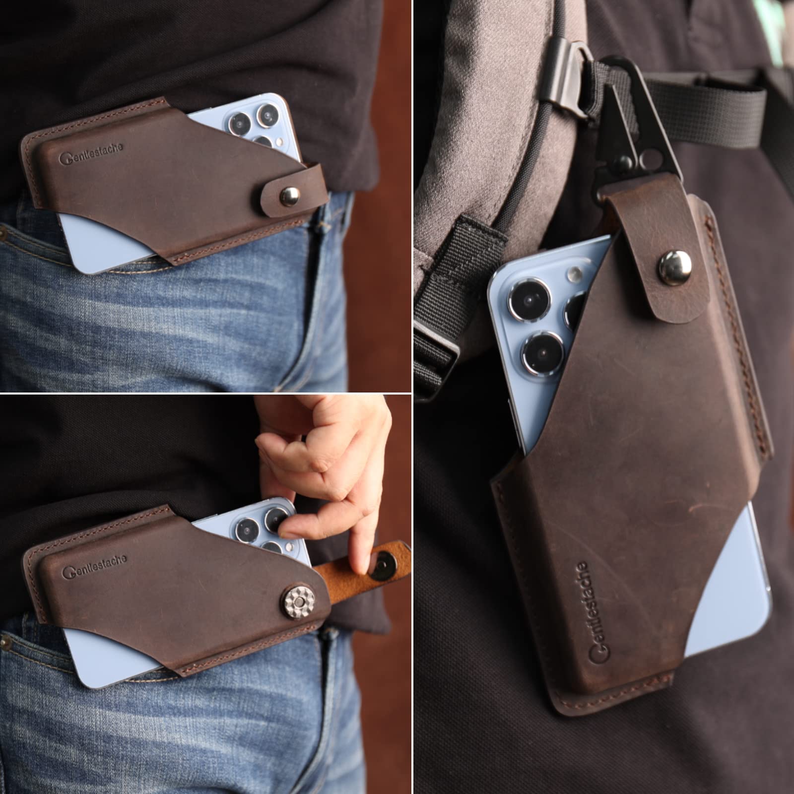 Gentlestache Leather Cell Phone Holster with Belt Clip - Premium Leather Phone Pouch for iPhone, Samsung & Motorola - Belt Loop Case for Men & Women - Medium Size Dark Brown - Perfect for Outdoor, Work & Travel