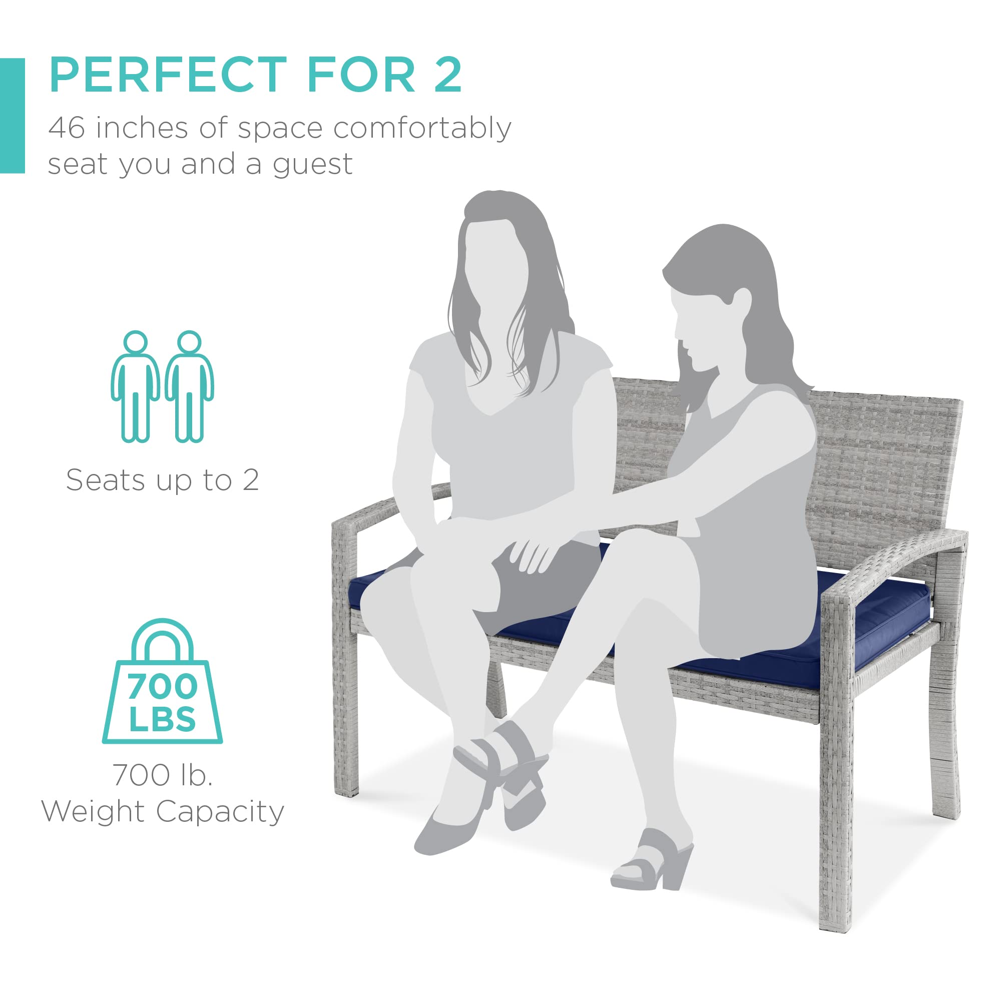 Best Choice Products 2-Person Outdoor Wicker Bench with Cushion - 700lb Capacity, Gray/Navy - Patio Furniture for Garden, Backyard, Porch & Deck Seating - Perfect for Relaxing, Entertaining & Outdoor Gatherings