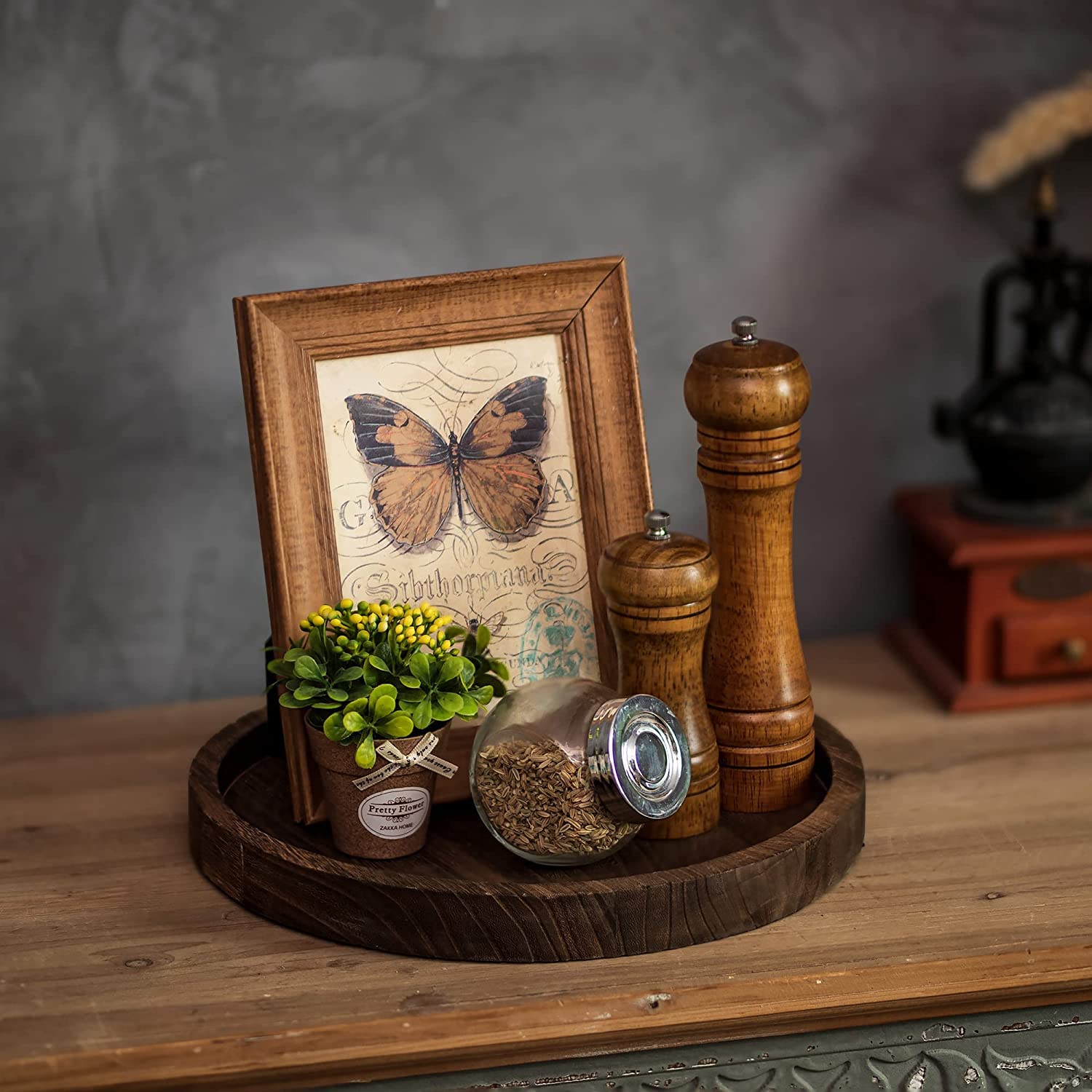 Rustic White Round Wooden Decorative Storage Tray - Farmhouse Coffee Table Centerpiece, Kitchen Counter & Bathroom Organizer - Perfect for Living Room, Bedroom & Home Decor