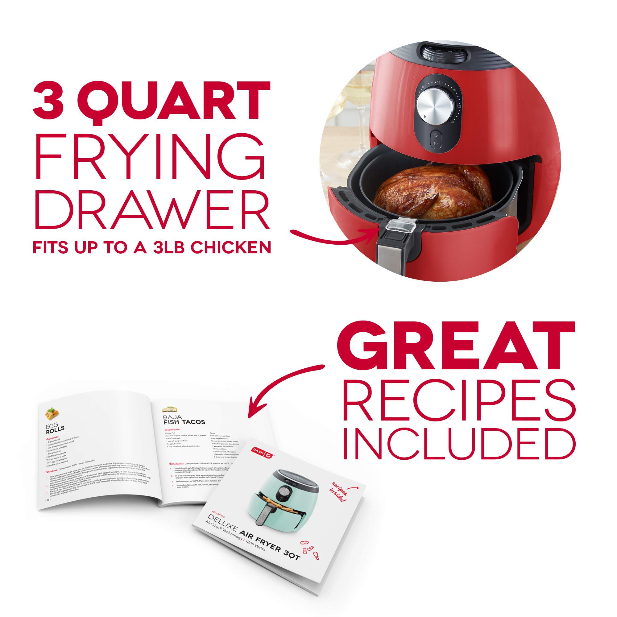 Dash Deluxe 3-Quart Electric Air Fryer & Oven Cooker - 1200W with Temperature Control, Non-Stick Basket, Auto Shut-Off & Recipe Guide - Red | Perfect for Healthy Frying, Baking, Roasting & Reheating Meals for Families & Small Gatherings