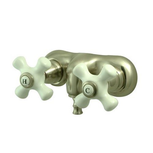 Hot Springs Double Handle Wall Mount Clawfoot Tub Faucet - Satin Nickel Finish with Porcelain Cross Handles | Perfect for Vintage Bathroom Renovations & Luxury Spa Retreats