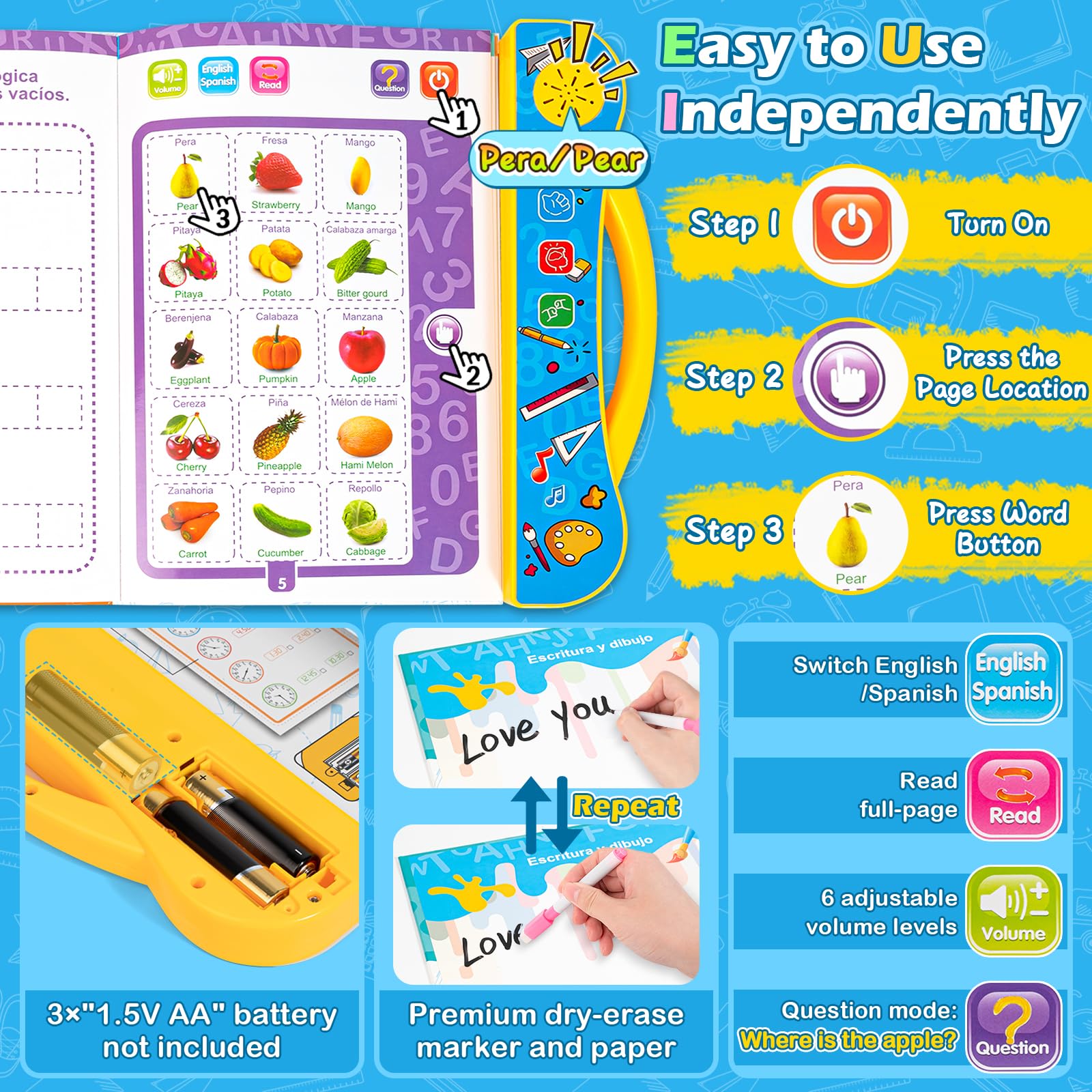 Montessori Baby Books & Sensory Toys - Bilingual English/Spanish for 1-3 Year Olds | Perfect Learning Gift for Toddlers' Birthday