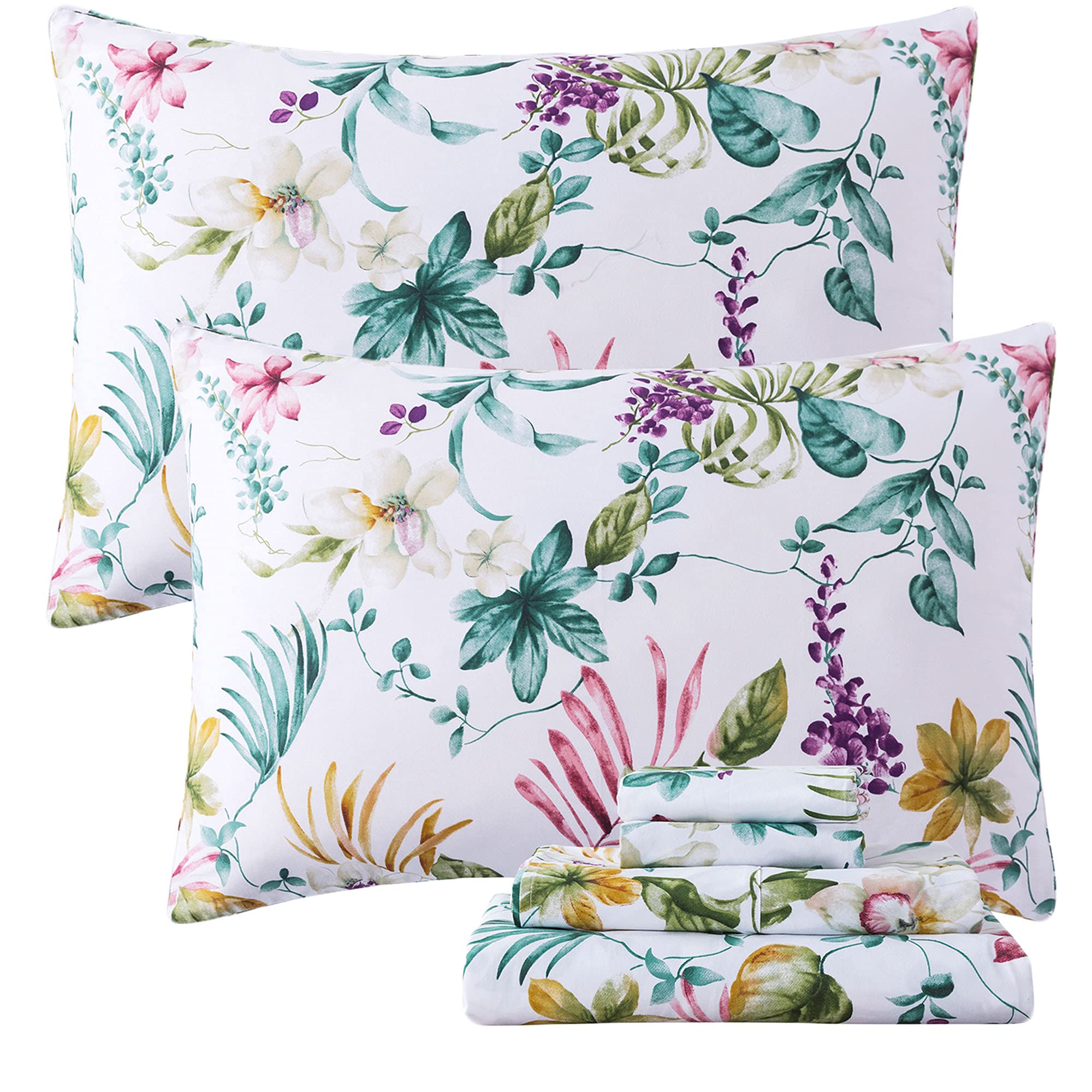 FADFAY 600TC 100% Cotton Queen Size Bed Sheets Set - Elegant White Floral Tropical Palm Leaf Design, Super Soft Hypoallergenic 4-Piece Deep Pocket Bedding (Fitted Sheet, Flat Sheet, 2 Pillowcases) | Perfect for Hawaii-Themed Bedrooms, Guest Rooms & Vacation Homes