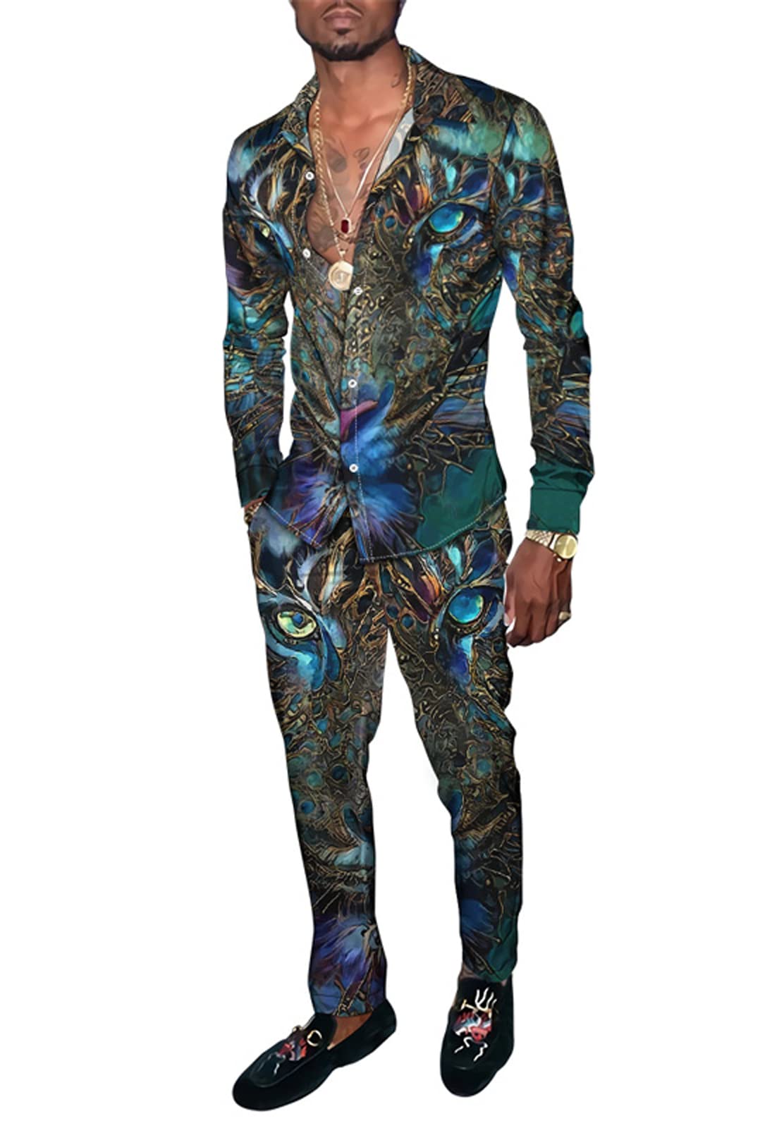 URVIP 2021 Men's 2-Piece Long Sleeve Shirt & Sweatpant Set - Animal 3D Printed Tracksuit Outfit for Casual Wear, Gym, and Lounge