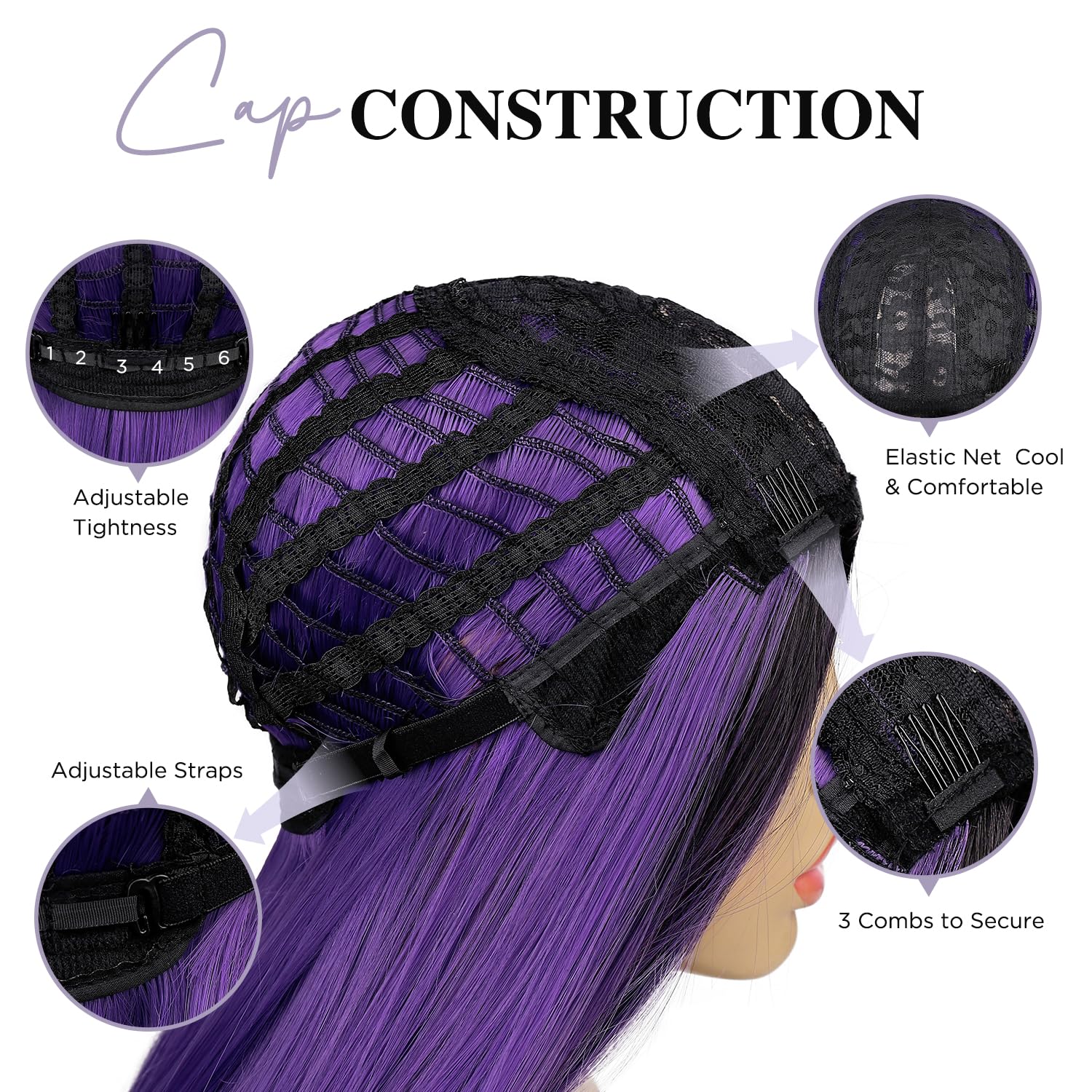 WIGER 26 Inch Straight Purple Wig for Women - Long Dark Purple Ombre Black to Purple Synthetic Hair Wig with Middle Part, Heat Resistant for Cosplay, Halloween, Parties & Daily Fashion
