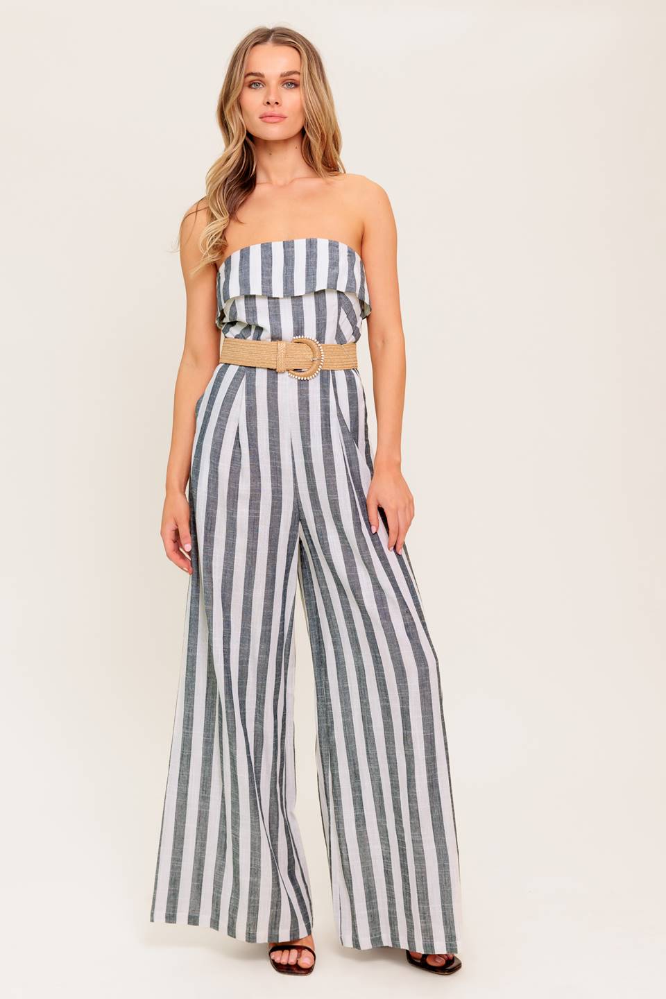 GREER Women's Strapless Jumpsuit - White & Charcoal Striped Romper for Summer, Beach, and Party Wear