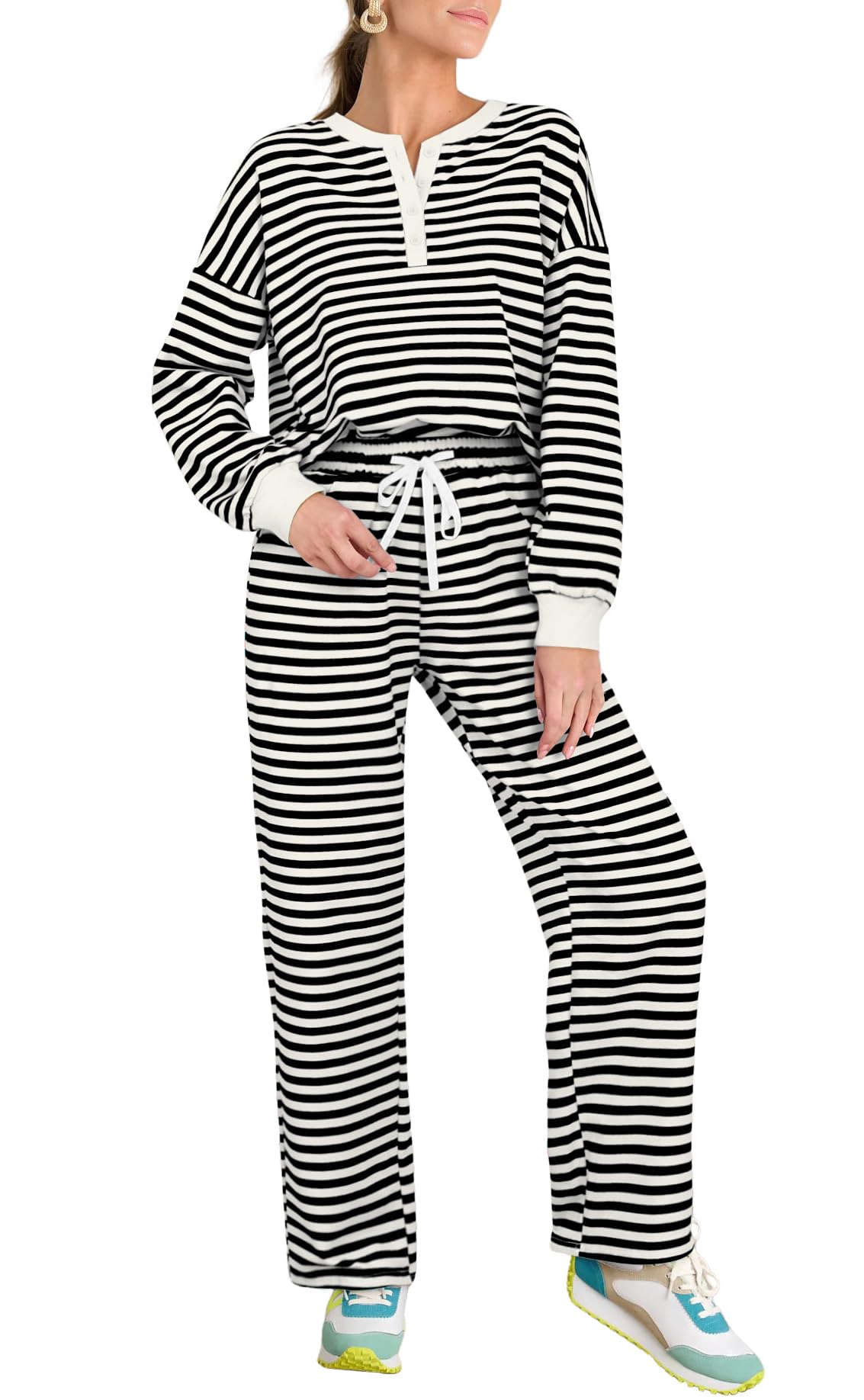 AGSEEM Women's 2-Piece Lounge Set - Long Sleeve Quarter Button Crewneck Top & Pants with Pockets | Cozy Winter Outfit for Home, Travel & Casual Wear