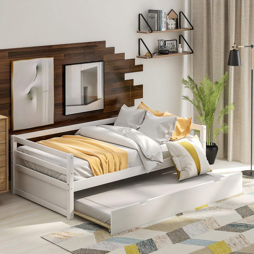 Rhomtree Twin Size Daybed with Trundle - Solid Wood Platform Bed Frame, Convertible Futon Sofa Bed for Guest Room, Dorm & Small Spaces (White) | Perfect for Sleepovers, Studio Apartments & Multi-Purpose Furniture
