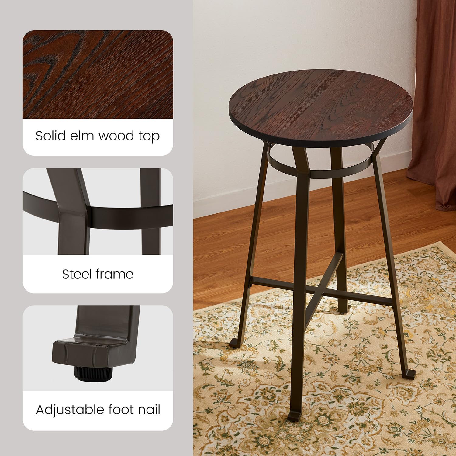 Rustic Steel Round Bar Table with Solid Elm Wood Top - 41.25