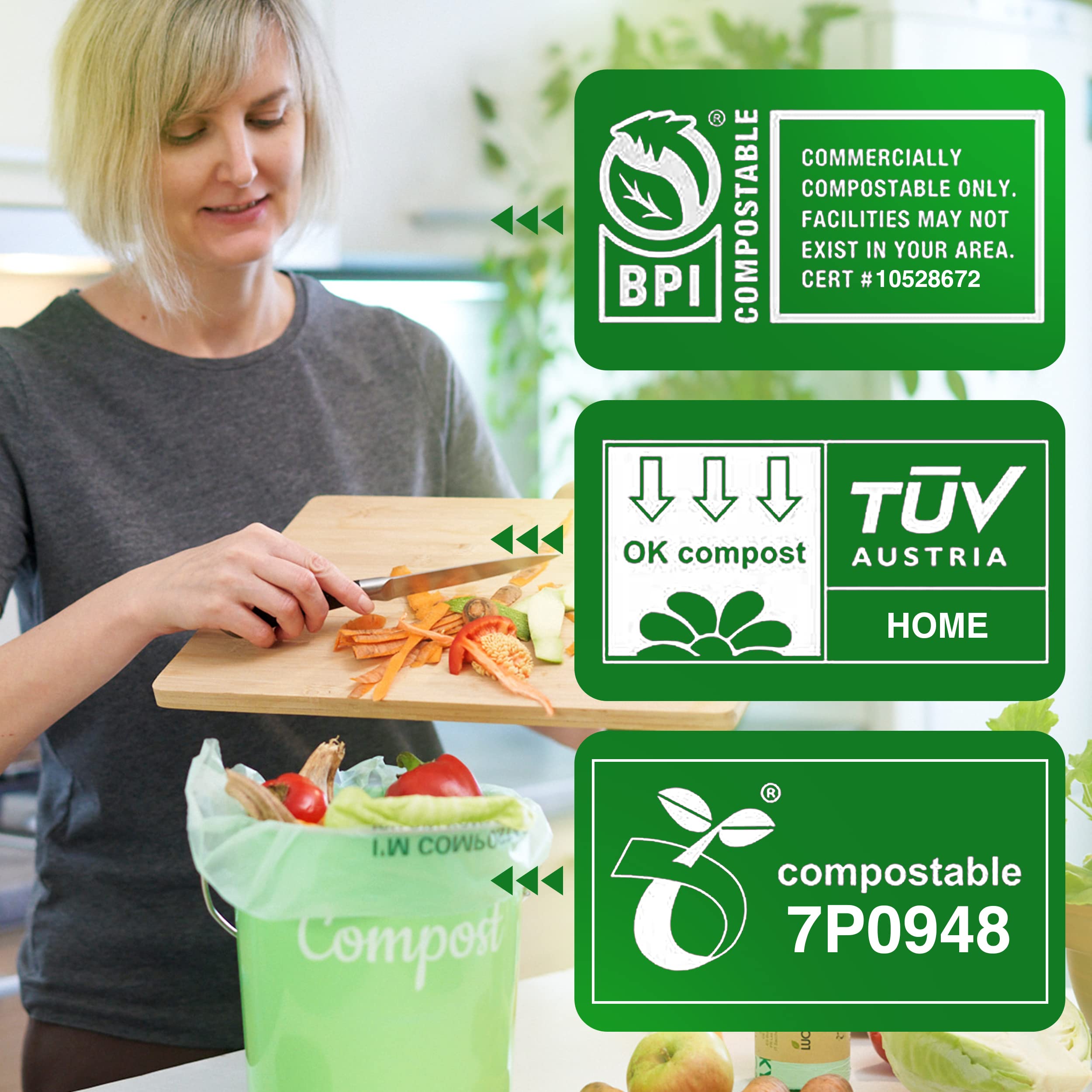Lucky Family 13 Gallon Compostable Trash Bags - 100% Biodegradable & Eco-Friendly Kitchen Waste Bags for Food Scraps - 25 Count Roll - Perfect for Countertop Compost Bins, Organic Waste Disposal & Sustainable Living